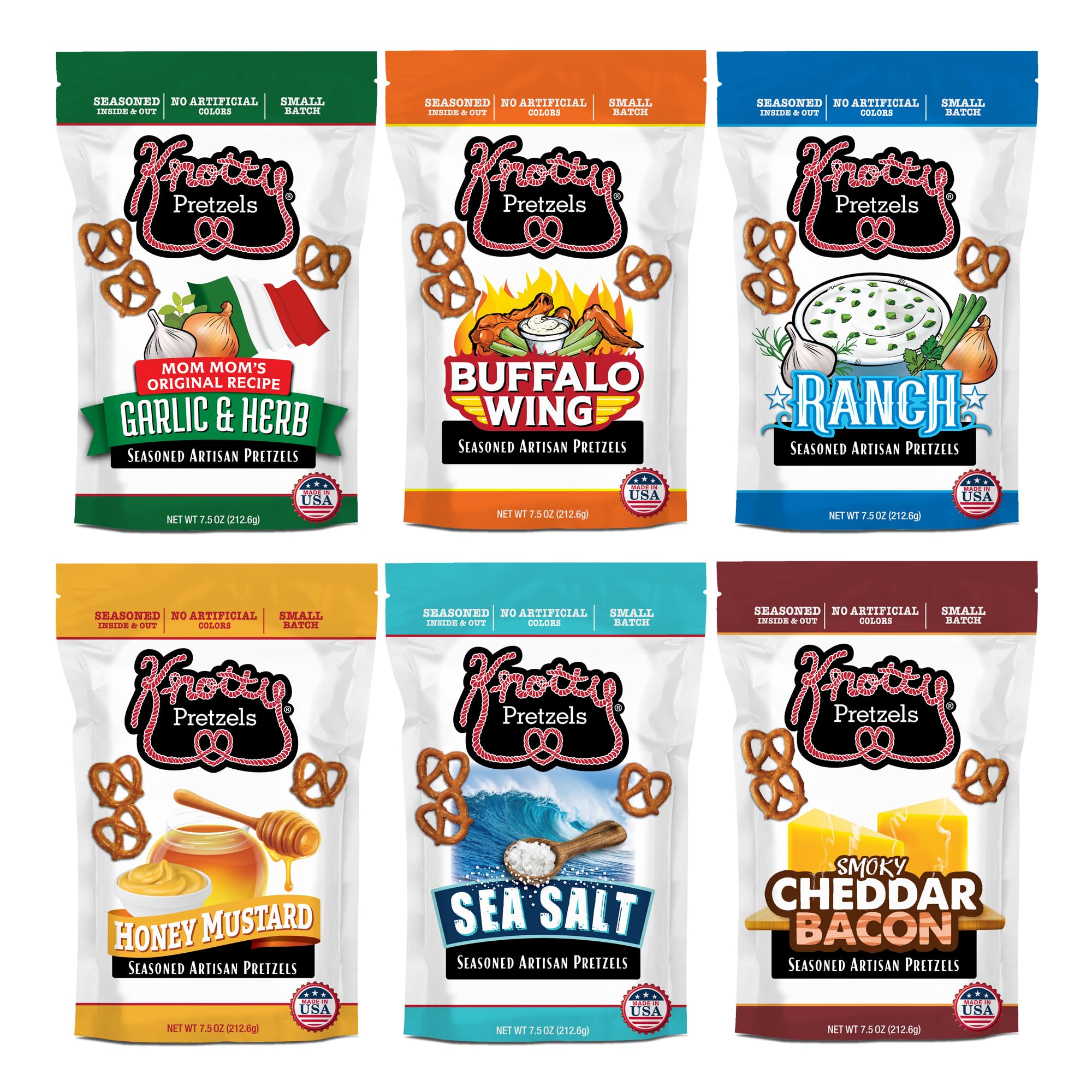 Knotty Pretzels - "The Official Pretzel of Beer" 7.5 Ounce Pretzel in Resealable Snacks Bags - Variety Pack (6 Pack)