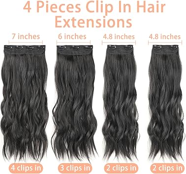 16 Inch Wavy Black Clip in Hair Extensions - 4PCS Full Head Set Thick Curly Synthetic Hair Pieces for Women Girls (1B#)