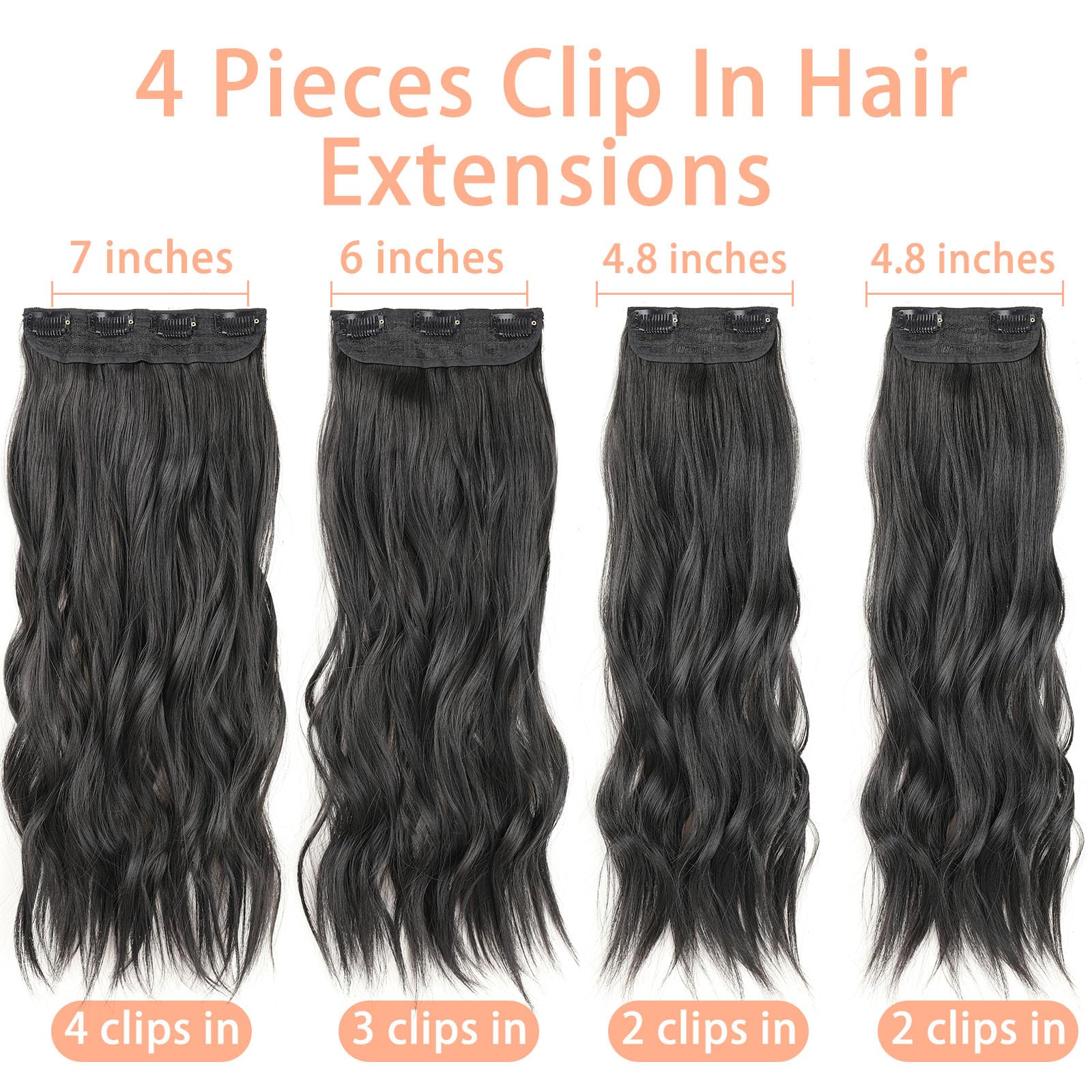 Mscat Clip-in Wavy Hair Extensions - 4PCS Thick Hairpieces, Black & Brown Fiber, Double Weft, 16 Inch for Women (2#) - Image 2
