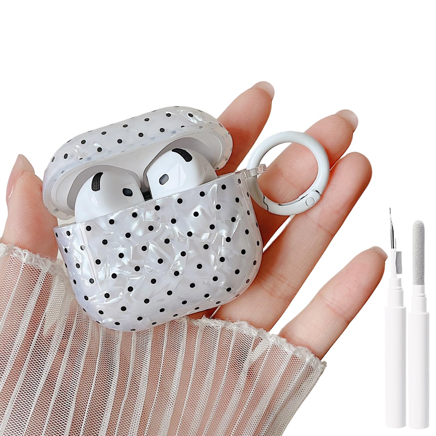 MINSCOSE for Cute Glitter AirPods 4 Case,Retro Shell Pattern Polka Dot Aesthetics Design with Trendy Keychain Ring,Soft TPU Protective Cover with Cleaner Kit for AirPods 4-White