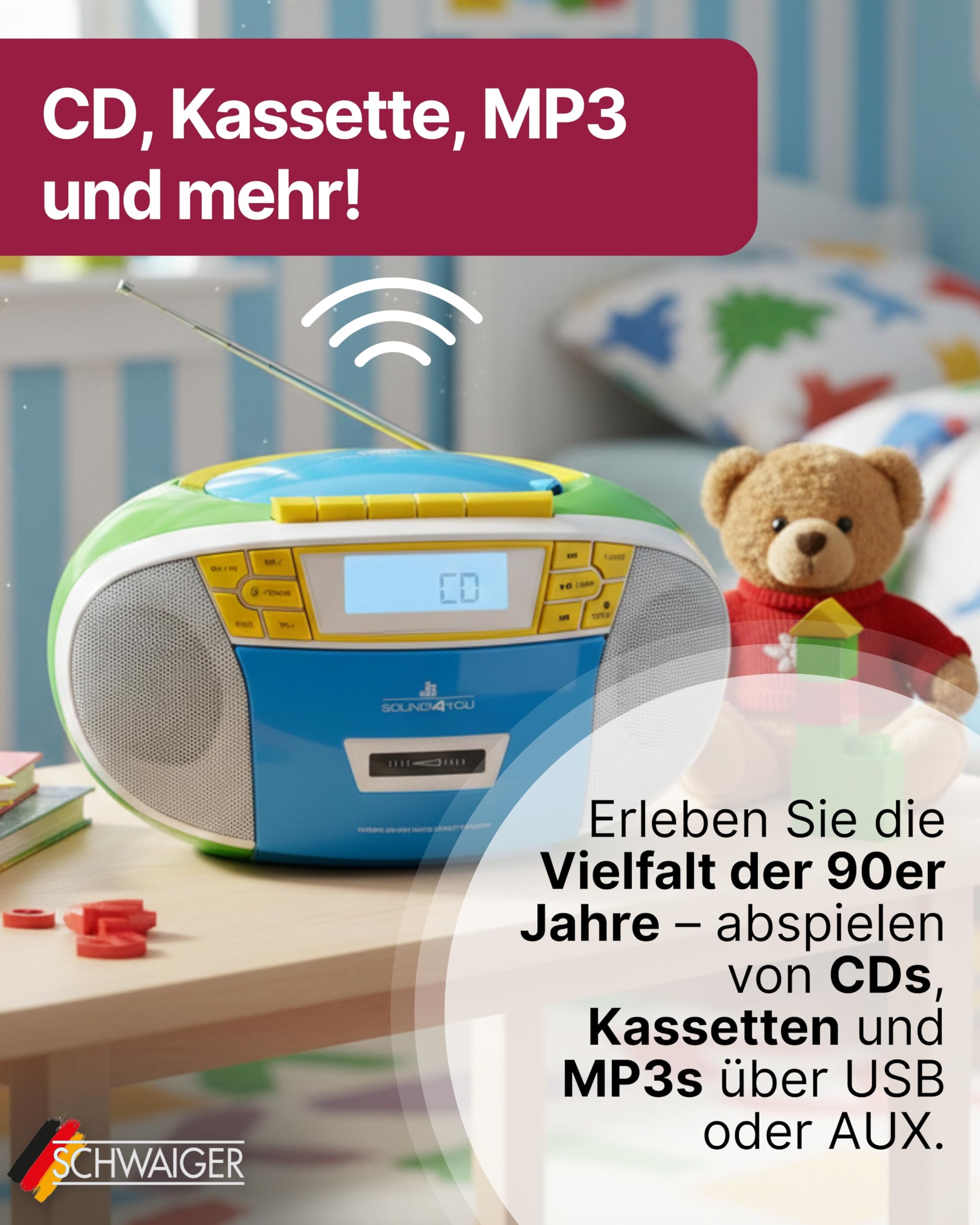 SCHWAIGER CD-Player I mit Kassettendeck & FM-Radio I tragbarer CD- & Kassettenspieler I CD-R, CD-WR, MP3, AUX, USB, FM kompatibel I im 90er-Jahre Retro Look I tragbar & kabellos