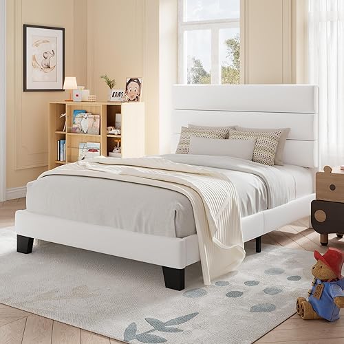 Miniatura 23 de Allewie - Base de cama tamaño King con cabecera tapizada en tela y soporte de listones de madera; base de colchón completamente tapizada; no Azul