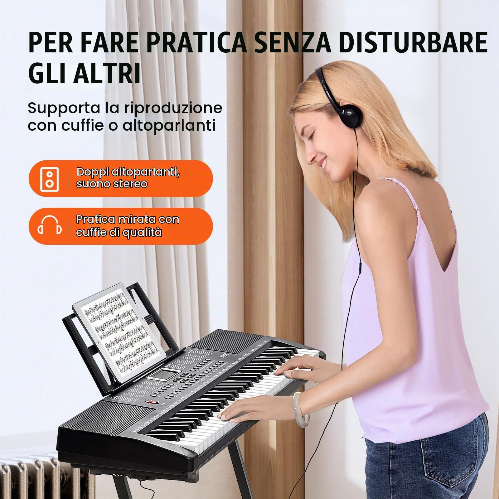 VEVOR Pianoforte Digitale con Tastiera, 61 Tasti, Set Pianoforte con Tastiera Elettrica Portatile, 200 Toni, 200 Ritmi, 60 Brani Demo, Altoparlanti Incorporati, Cuffie, Microfono, per Principianti