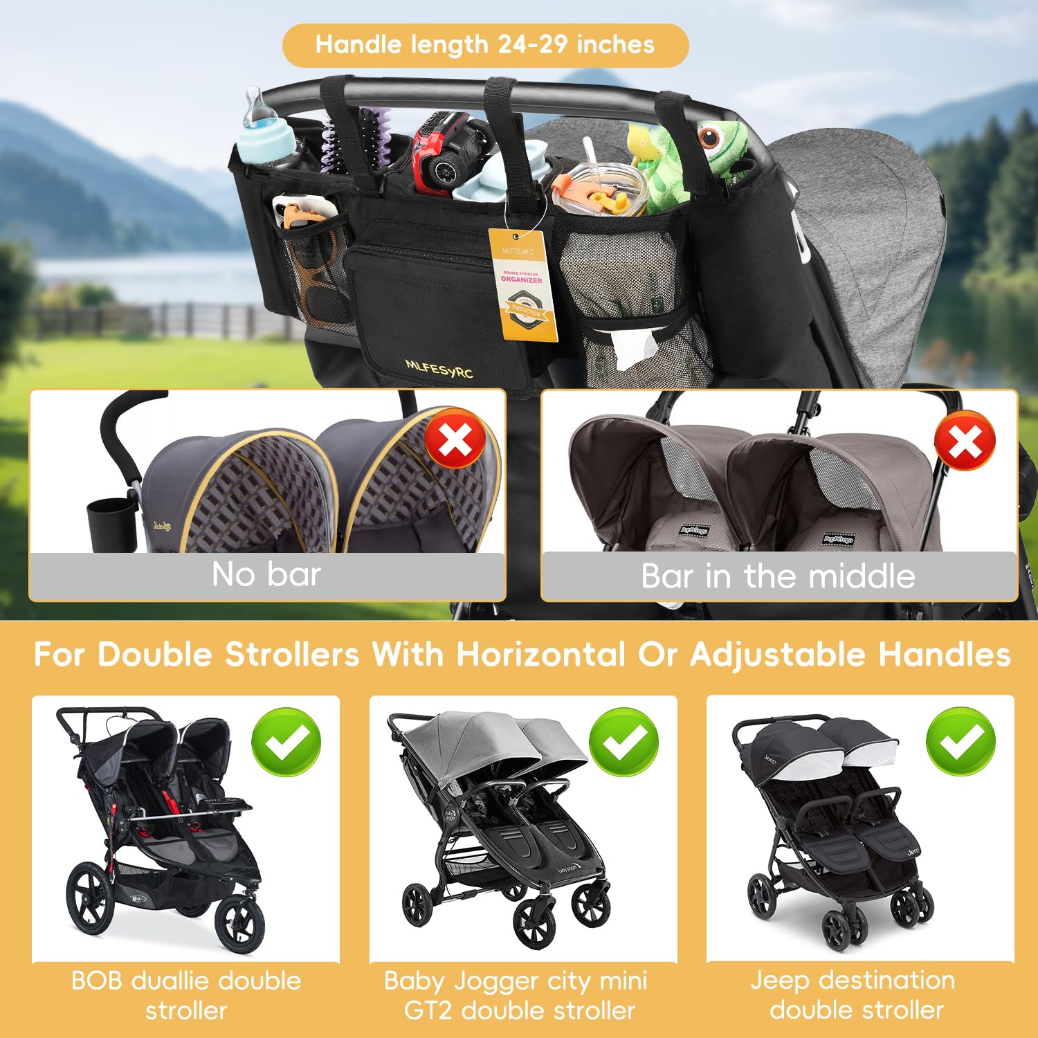 MLFEsyRC Double Stroller Organizer for Bob Duallie and Baby Jogger City Mini GT2, Double Baby Stroller Accessories with 2 Cooler Pockets, Parent Console Double Jogging Stroller Organizer(Empty Bag)