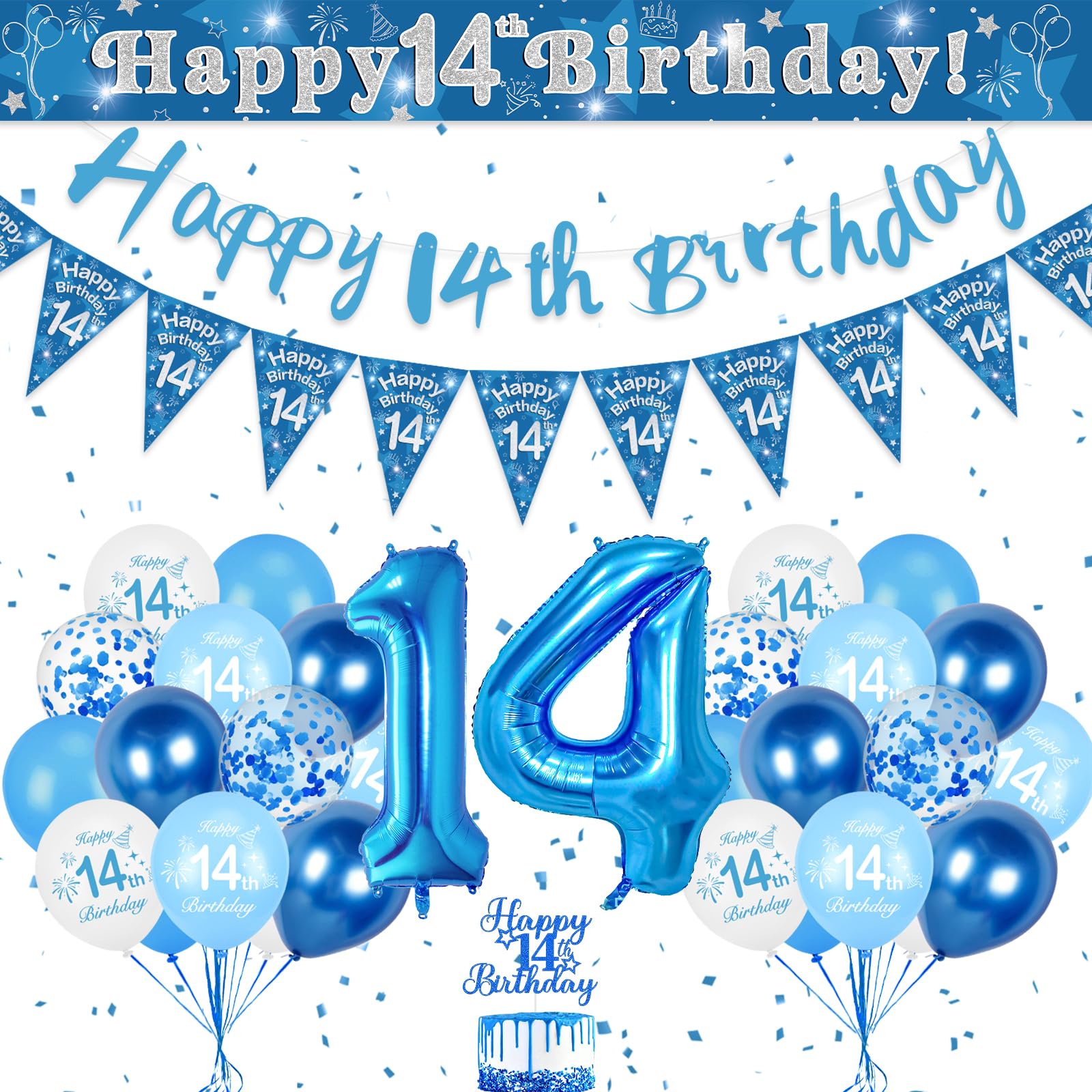 Blue 14th Birthday Party Decorations for Boys - Happy Birthday Banner, Number 14 Balloons, Triangle Flag, Confetti - Boys' Party Supplies