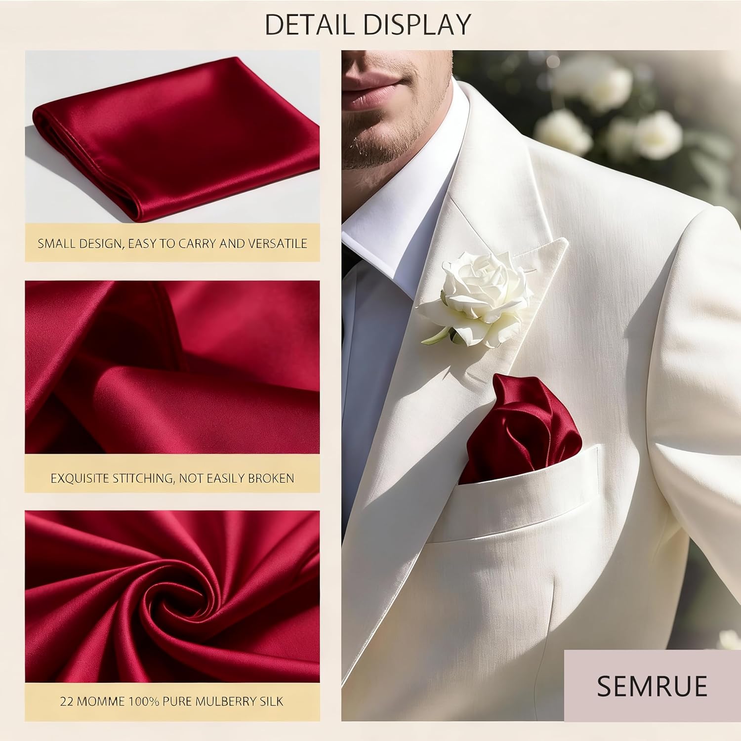 Mulberry Silk Pocket Squares for Men 22 Momme 100% Silk Handkerchief for Men 11"x11"- Suit Pocket Squares Solid Color - Image 4