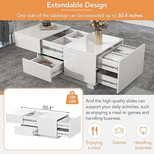 Miniatura 4 de LZ LEISURE ZONE Mesa auxiliar, mesas de centro extensibles con 4 cajones, mesa de cóctel rectangular con compartimento de almacenamiento oculto,