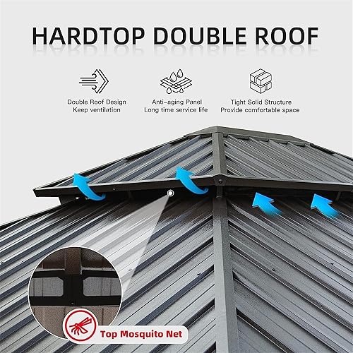 Miniatura 4 de Cenador de techo rígido de 12 x 14 pies, toldo con marco de madera de cedro para exteriores con doble techo de acero galvanizado, pabellón de metal