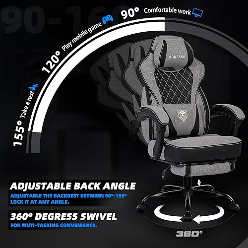 Miniatura 6 de Vonesse Silla de Juegos, Sillas de Juegos de Tela Reclinables para Adultos 250 LBS, Silla de Oficina con Cojín de Resorte de Bolsillo, Silla de