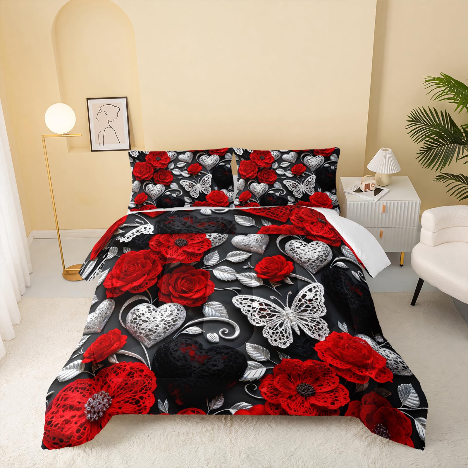 QOOMO Red Flowers Kids Bedding Set,Cartoon Plants Comforter Set Twin Size for Boys Girls Teen Room Decorat,Soft Lightweight Bed Set All Season,1 Comforter 2 Pillowcases