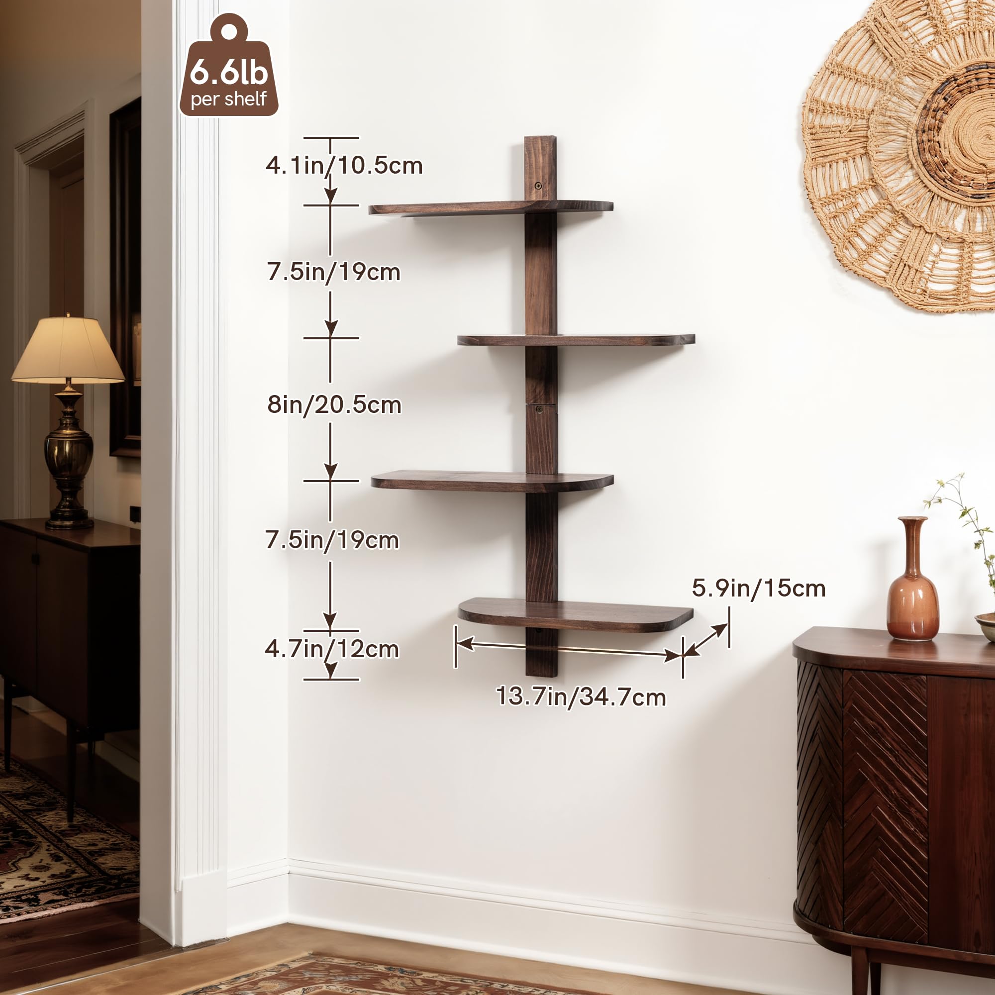 Afuly Estantería Pared, Baldas Flotantes Pared Madera de 4 Niveles Nogal | 35cm Estanteria Flotante Pared, Repisas de Pared, Almacenaje, Decoración, Baldas de Madera para Fotos, para Salón, Dormitorio