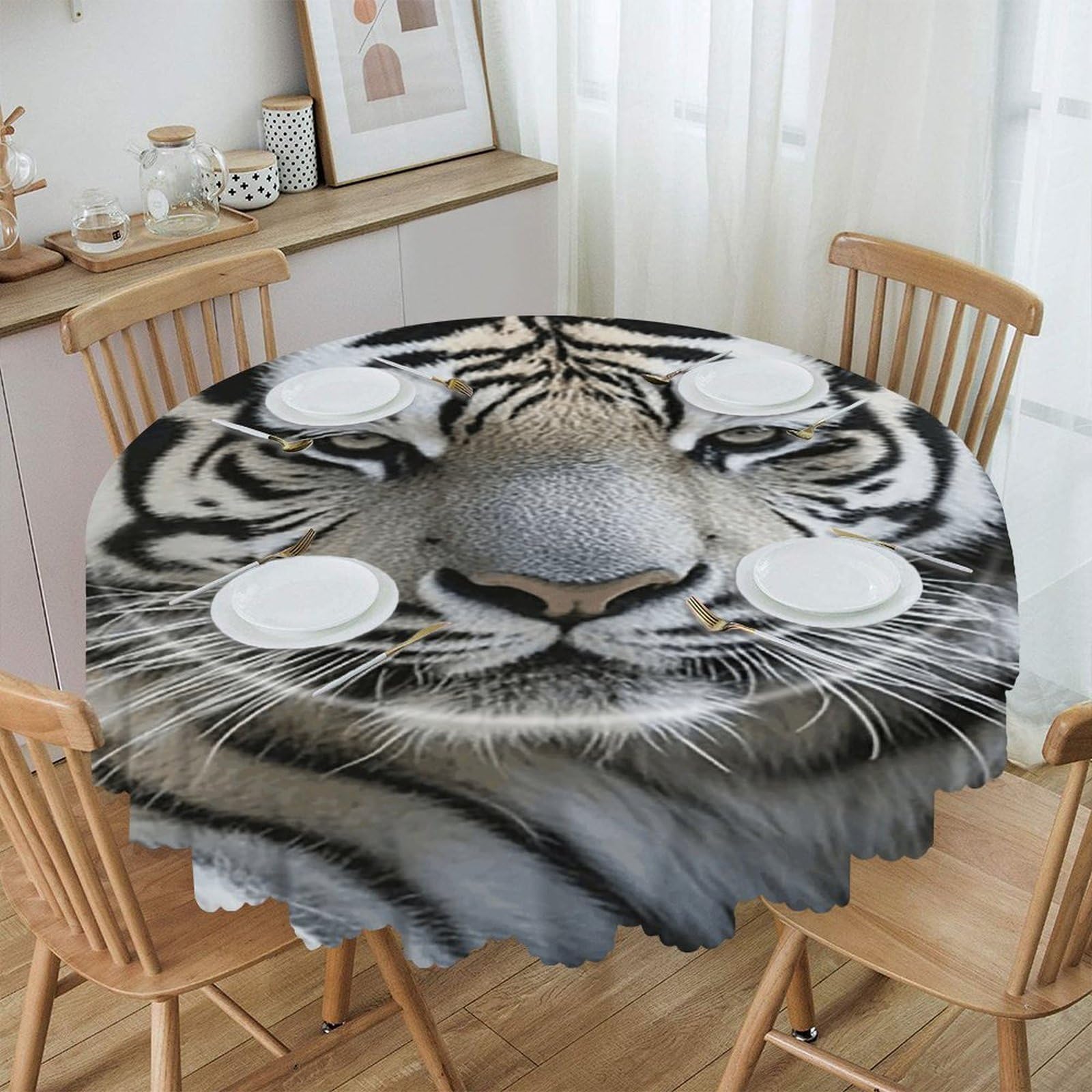 VstaDank Black and White Tiger Round Tablecloth Premium Polyester Table Cloth Heavy Duty Washable Fabric Tablecloth Waterproof Holiday Table Cover Decorative Tablecloths for Dining 60"