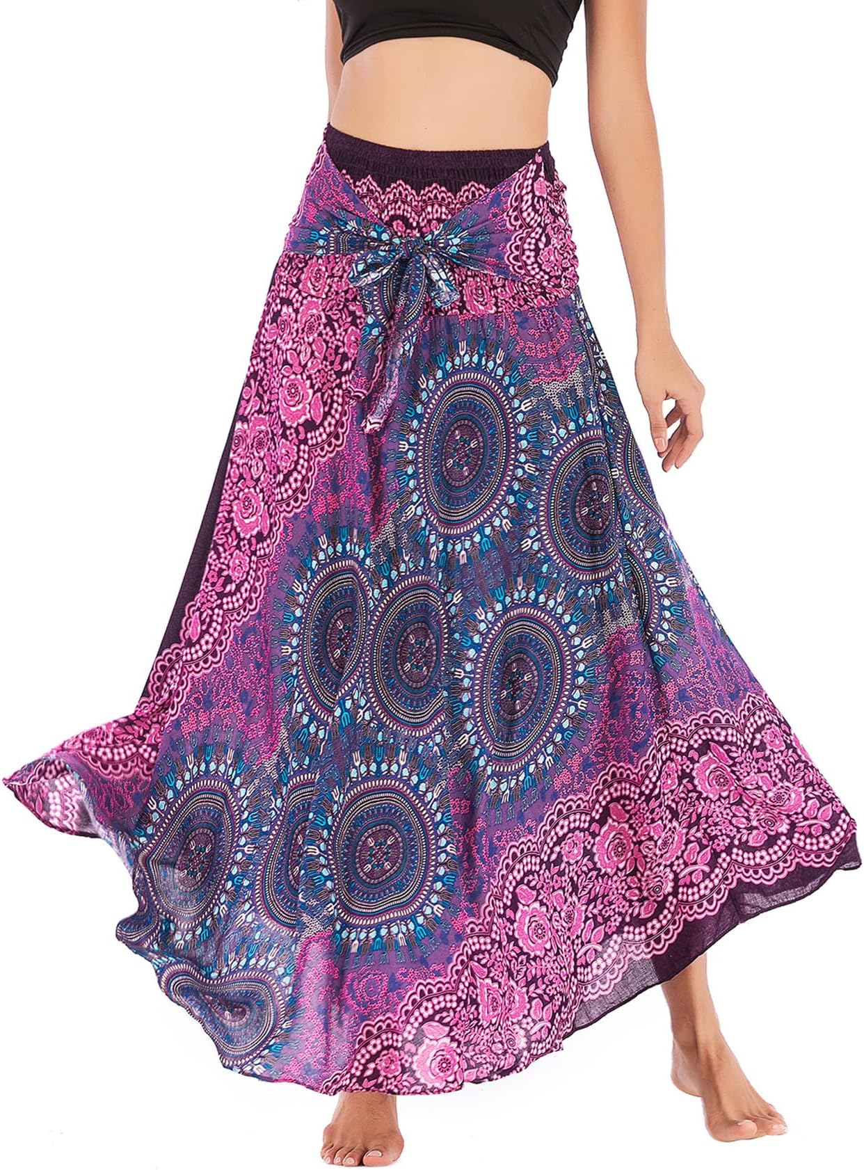 PNKJ Women Bohemian Mandala Floral Print Rayon Hippie Maxi Skirt Boho Summer Beach Dress