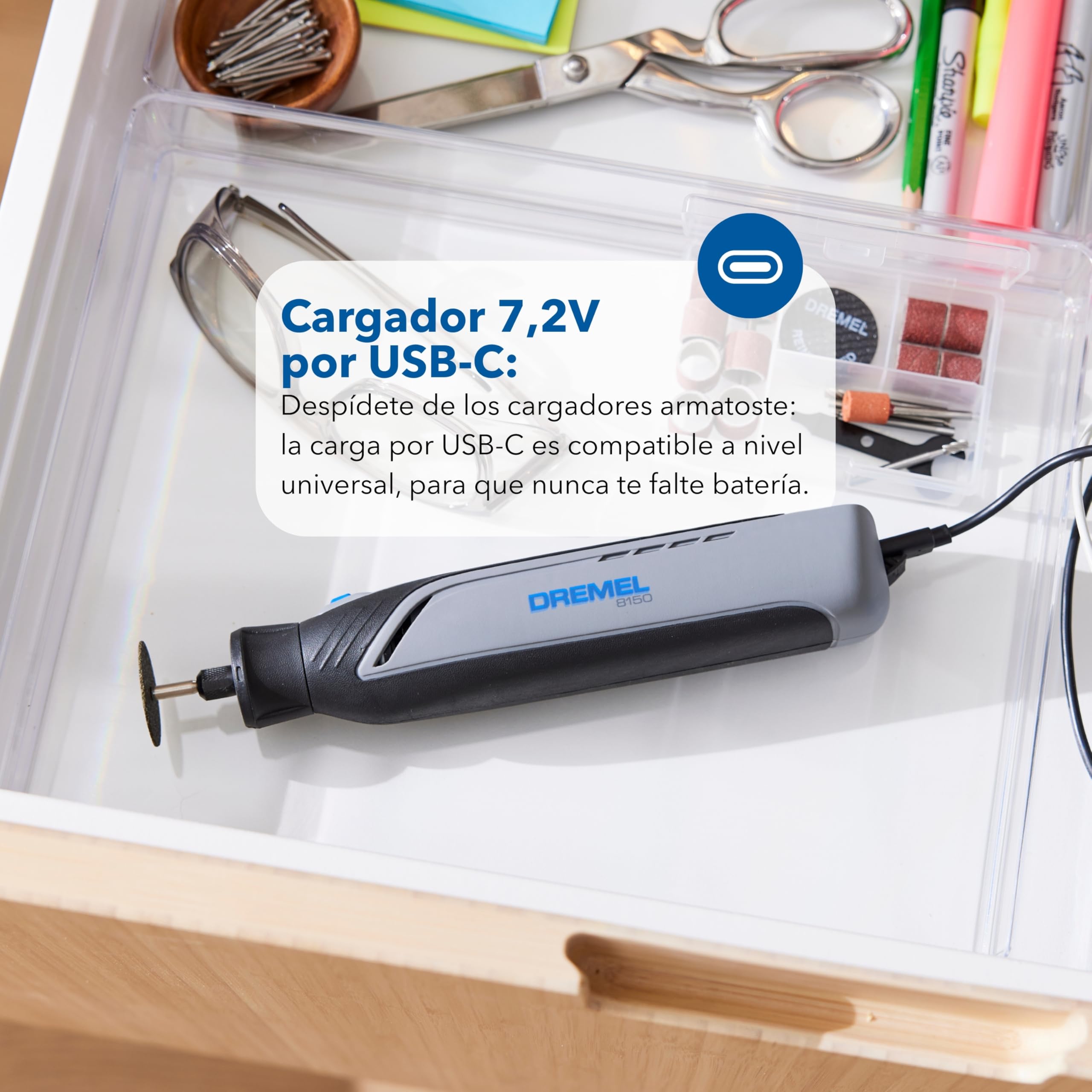 Dremel 8150 Multiherramienta a batería de 7,2 V 2Ah sin escobillas Herramienta Rotativa recargable por USB-C, 20 accesorios, Velocidad Variable 5.000-30.000 RPM, luz LED, corte, lijado, tallado
