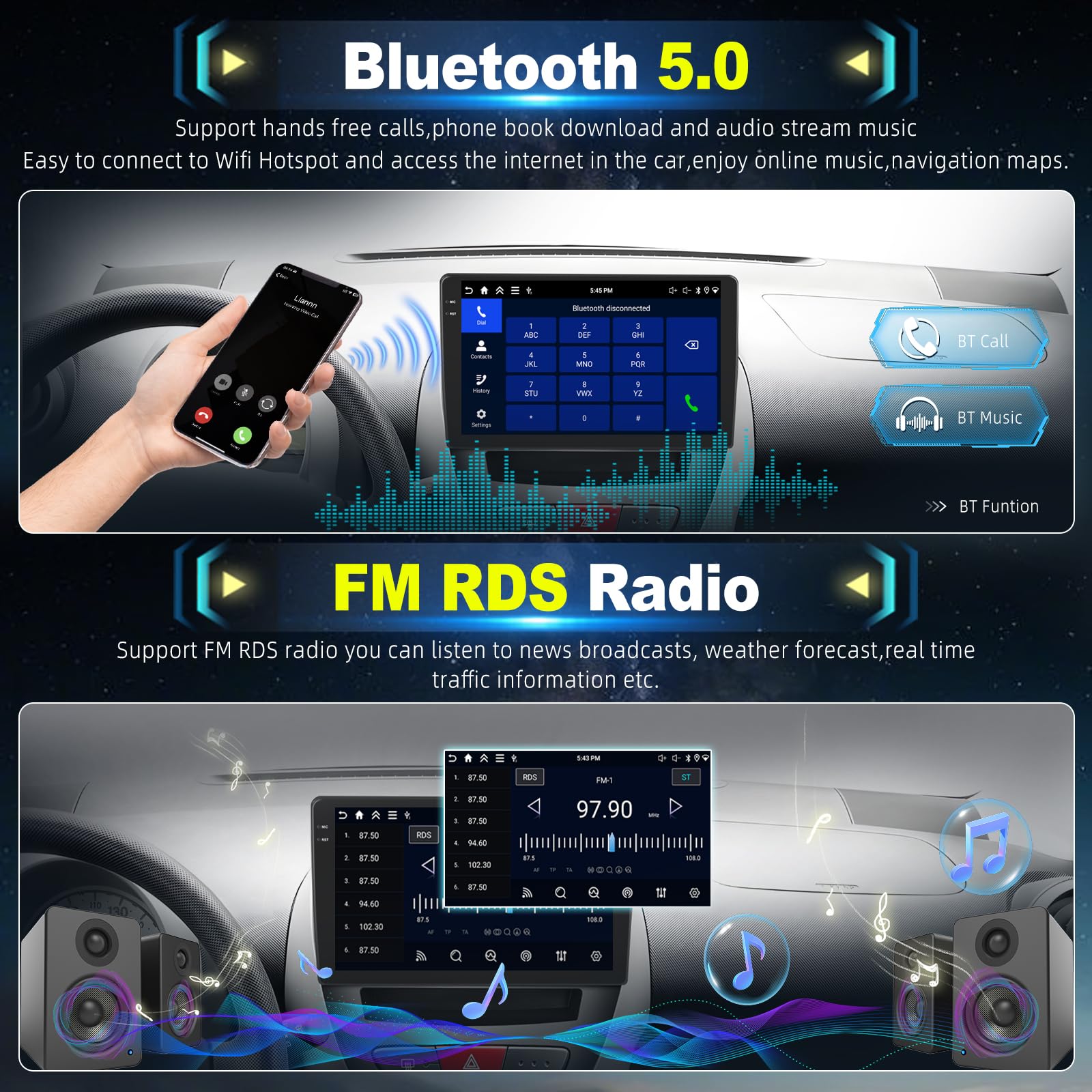4G+128G Android Autoradio pour Toyota Aygo/Peugeot 107/Citroen C1 2004-2014 avec Carplay & Android Auto sans Fil, Écran Tactile IPS 9 Pouces avec GPS, WiFi, EQ, Bluetooth 5.0, Radio FM/RDS