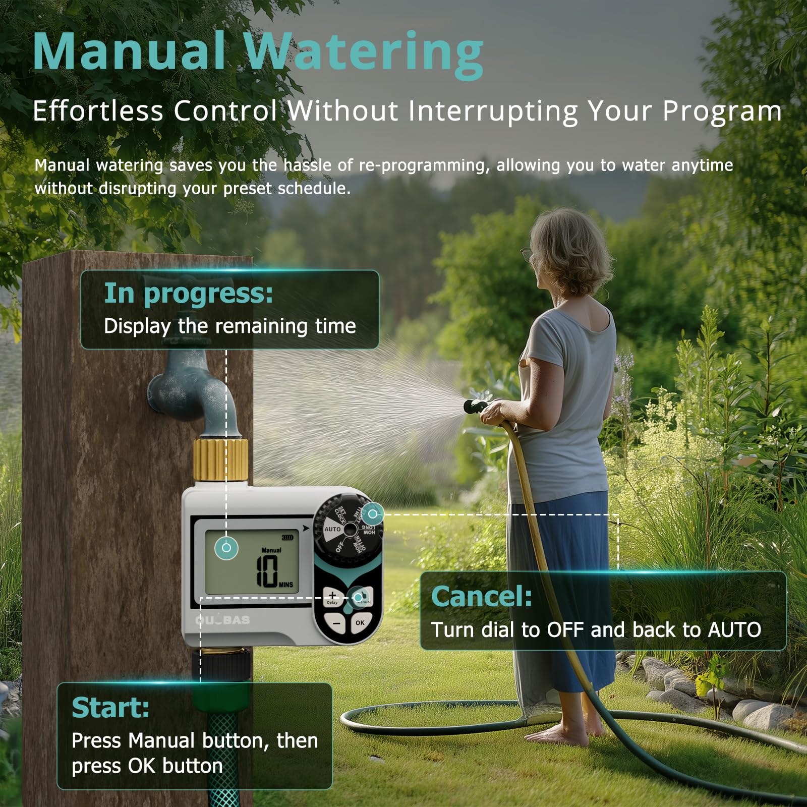 QUOBAS Kugelhahn-Sprinkler-Timer, programmierbare Wasser-Timer für Gartenschlauch-Wasserhahn mit Messinganschlüssen, Regenverzögerung/manuelles/automatisches Bewässerungssystem