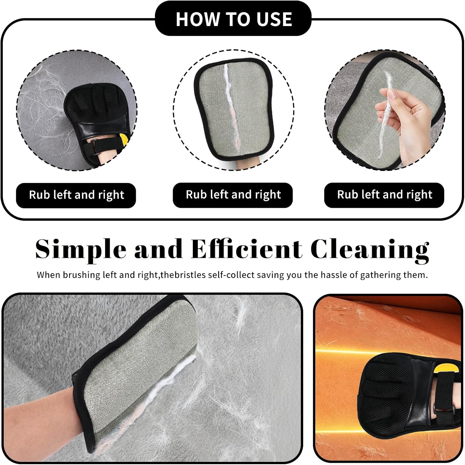 Pet Hair Removal Gloves, Black and Yellow Colors, Static Hair Removal, Adjustable Strap, Reusable for Clothing, Sofa, Car Seat, Set of 2