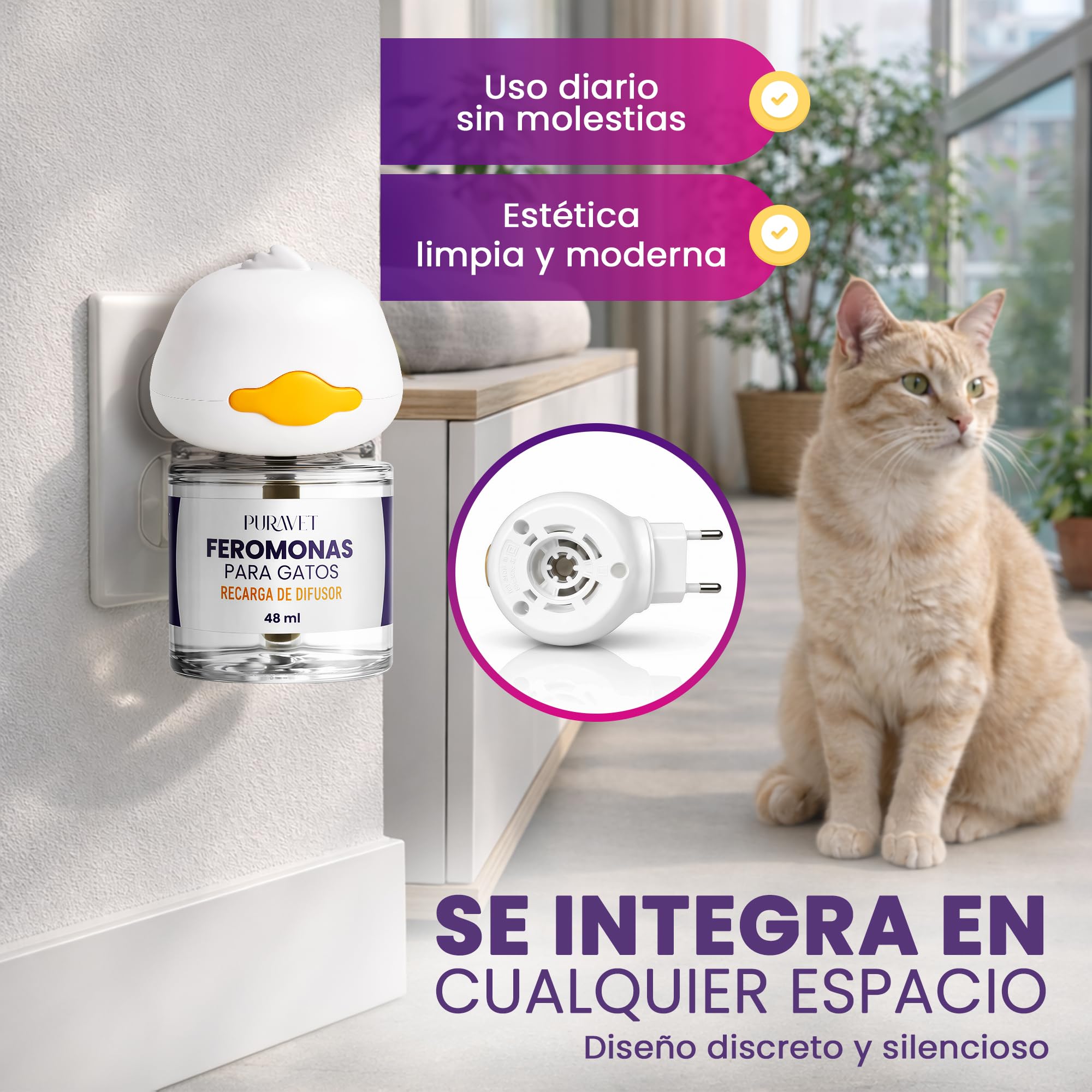 Feromonas para Gatos - Difusor + 2 Recambios de Feromonas Calmantes para Gatos (60 días, 48 ​​ml) - Ayuda a Reducir el estrés del Gato, Arañazos, Miedos, Cambios, Marcaje con Orina.