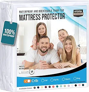 Utopia Bedding Waterproof Mattress Protector Crib Size, Premium Terry Mattress Cover 200 GSM, Breathable, Fitted Style with Stretchable Pockets (White)