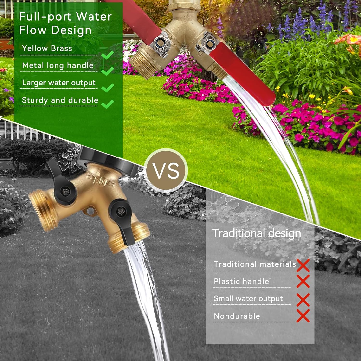 2-way brass garden hose separator, Y-valve hose separator, stainless steel long handle, 3/4 "light thread Y-valve