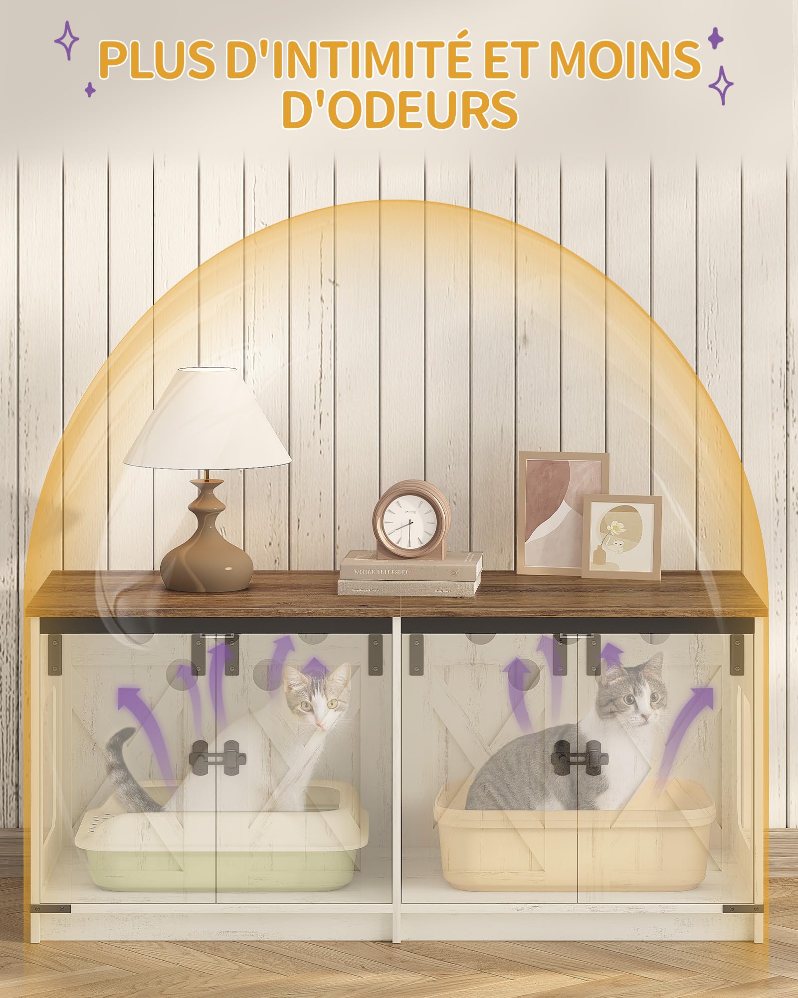 Hzuaneri Maison de Toilette Chat, Meuble Litiere pour 2 Chats, Meuble pour Bac à Litière Caché, Maison pour Chat D'intérieur, Style Ferme, 119 x 48 x 53,5 cm, Marron Rustique et Blanc CB85314X