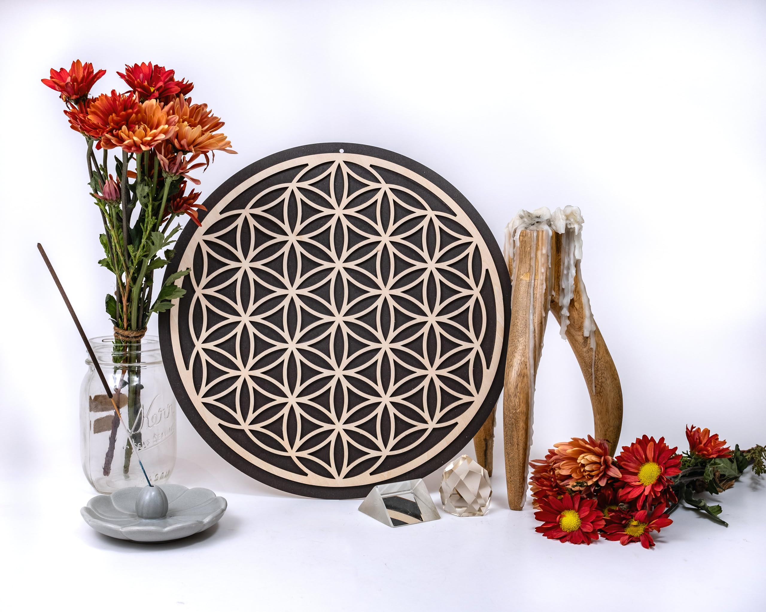 Set De 4 Tableaux Bois Art Sacré Géométrie - Mandala Fleur De Vie - Déco Zen Murale 12x12 Pouces