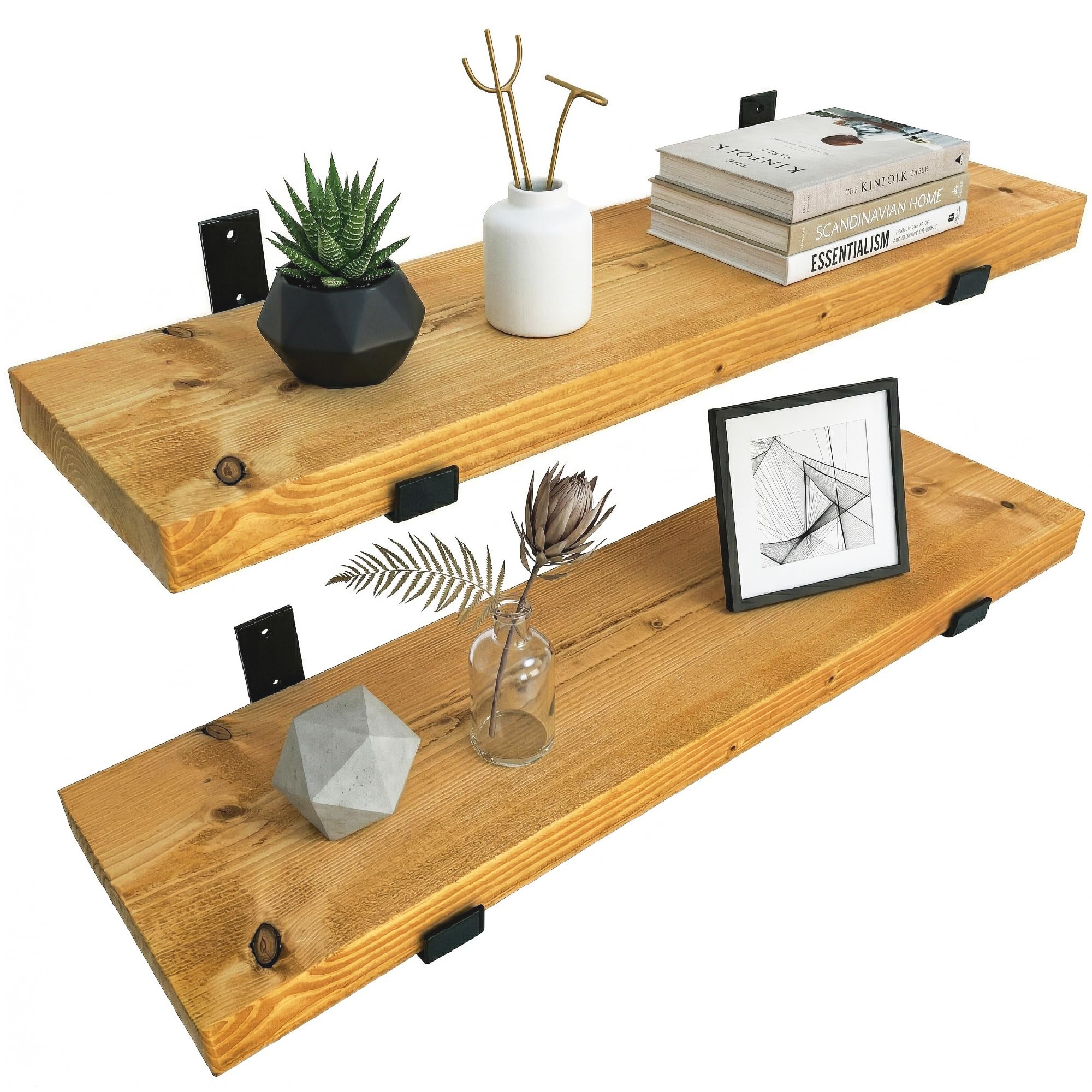 Top Notch Home & Living Pack of Two Handcrafted Rustic Wooden Wall Shelves, Incl 2 Up Brackets per Shelf, Wood Shelf Made in the UK from Solid Timber, Heavy Duty for Kitchen, Bathroom & Living Room โ image 1