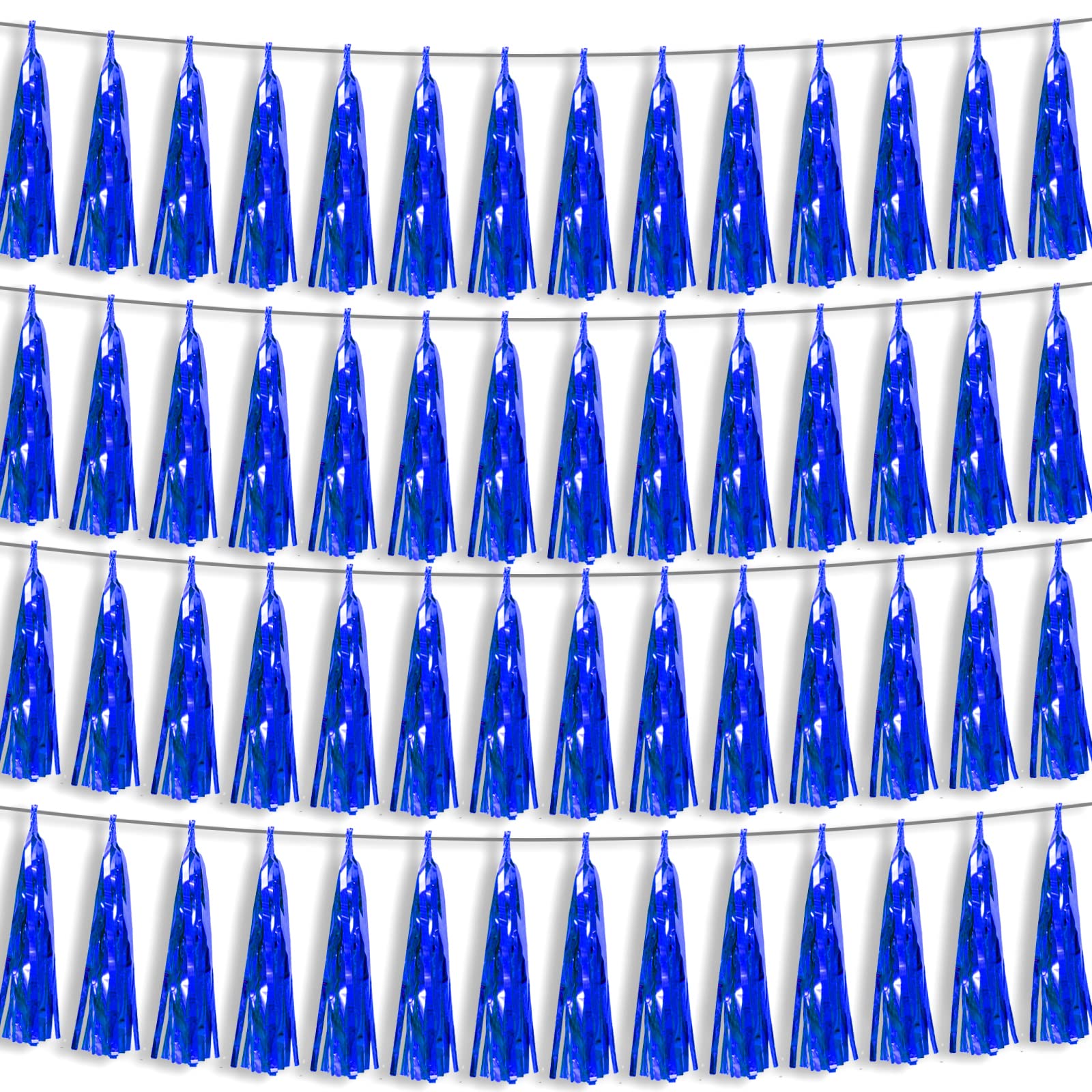 4P Blue Foil Fringe Metallic Tassel Streamers Banner Tassel Garland for Parade Floats, Bachelorette, Wedding, Birthday, Halloween, Christmas, Bridal/