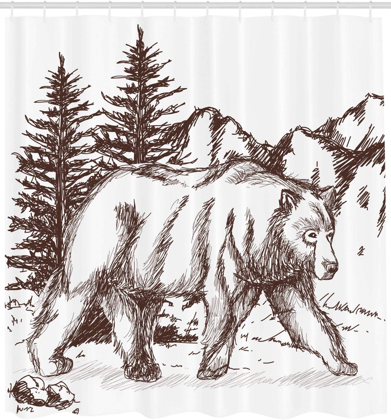 Lunarable Bear Shower Curtain, Pencil Sketch Interpretation in a Mountainous Setting with Pine Trees, Cloth Fabric Bathroom Decor Set with Hooks, 69" W x 70" L, Dark Rosewood and White