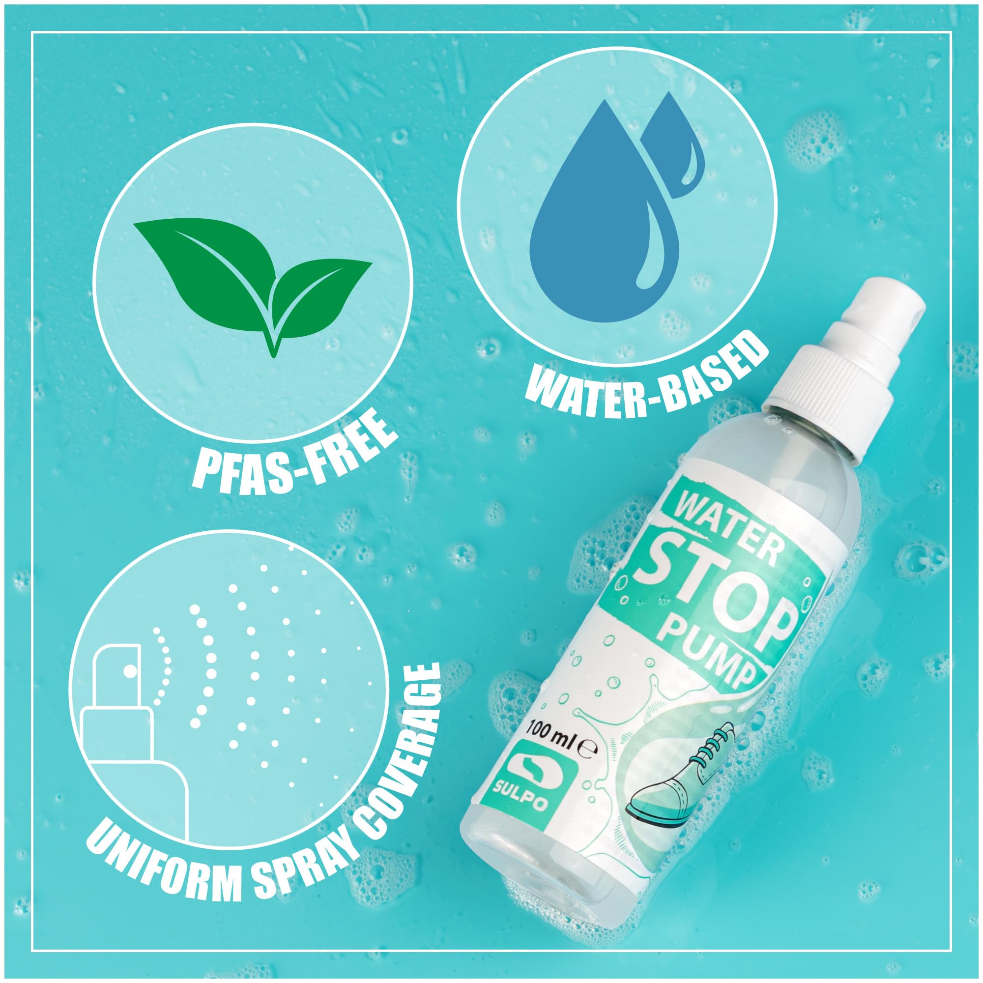 SULPO Impregnat do butów – Ochrona WATER STOP do obuwia, tkanin i skóry – Do sneakersów, odzieży outdoorowej, dziecięcych i zwierzęcych akcesoriów