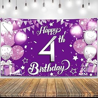 KatchOn, Purple Happy 4th Birthday Banner - XtraLarge, 72x44 Inch | Purple 4 Happy Birthday Banner Decor | Purple 4th Birthday Banner for 4th Birthday Decorations | Purple Happy 4th Birthday Backdrop