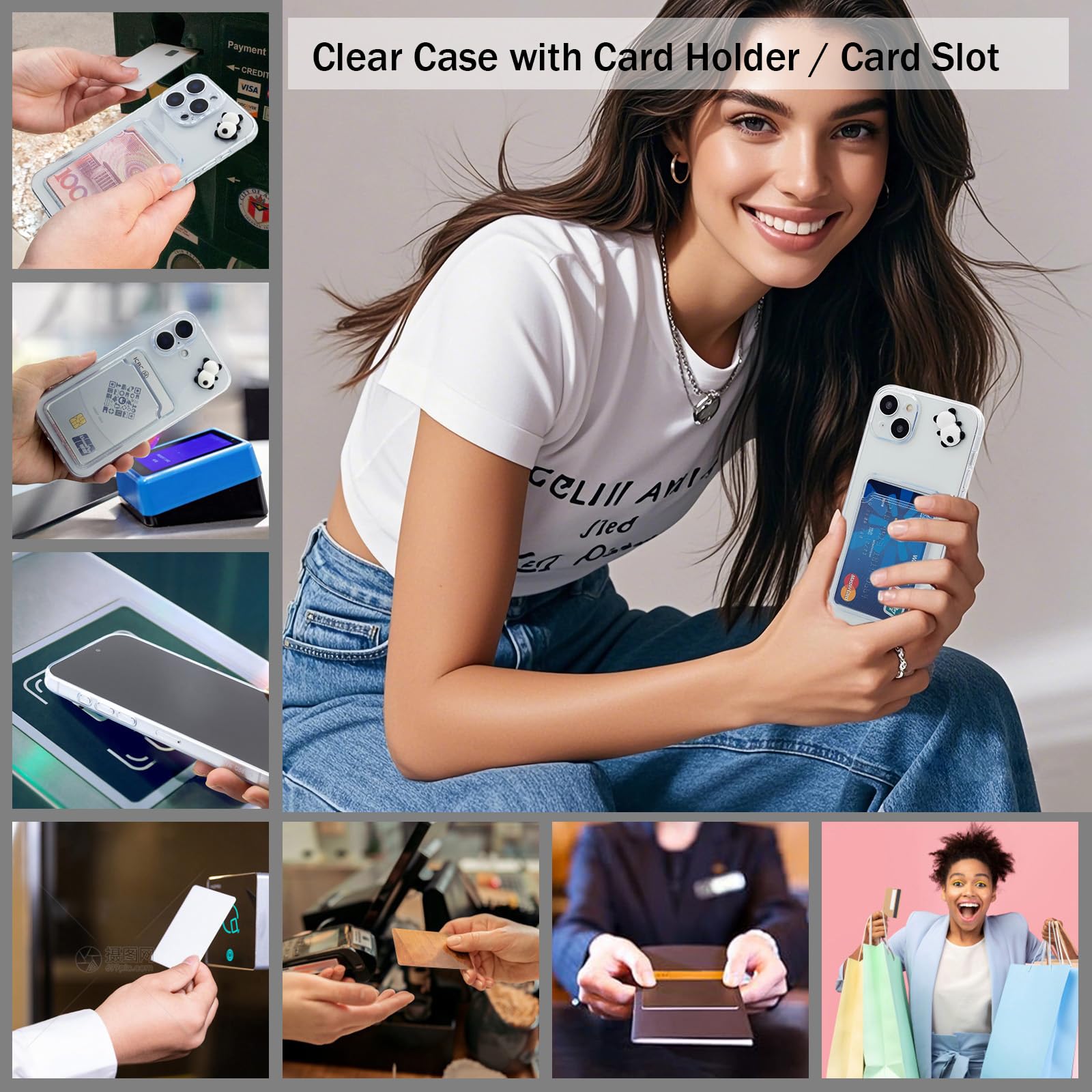 Chengyuanfeng Cover Trasparente per iPhone 14 Plus con Porta Carte, Custodia Ultra-Sottile 1,5 mm in TPU Antigiallo Antiurto, Minimalista Portafoglio con 3D Panda Applicato a Mano, Studenti e Campus