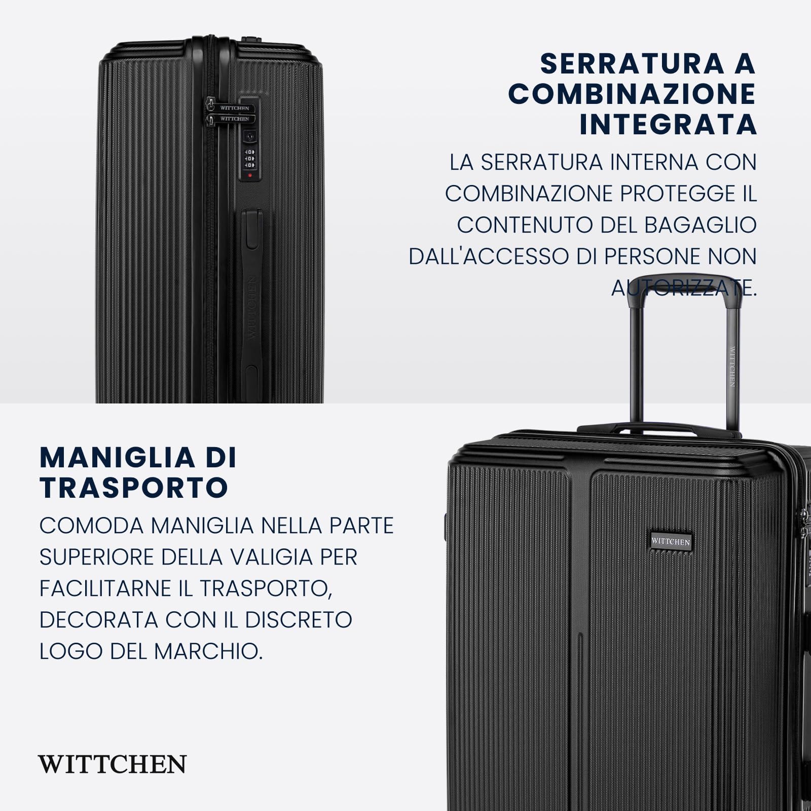 WITTCHEN Stripes Line Valigia grande (XL) | 76,5 × 50 × 29 cm (96 L), ABS rigido, 4 ruote 360° e lucchetto a combinazione | Trolley grande formato XL, Ryanair/ITA Airways - Colore: Nero