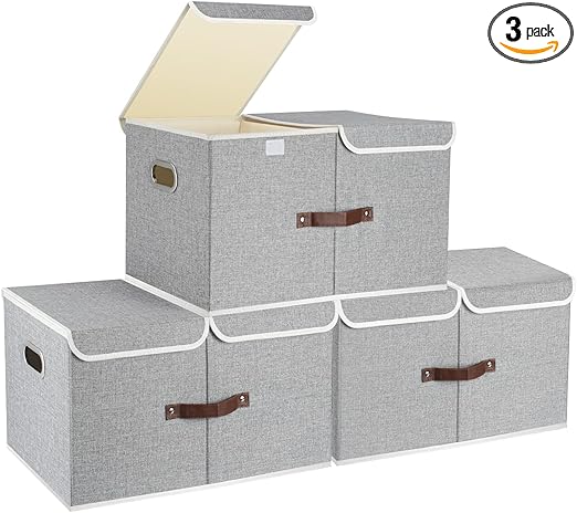 TYEERS Extra Large Collapsible Storage Bins with Lids and Compartments, Organizing Bins for Closet Storage, Clothes Storage, Cube Organizer for Home Office Storage - 3 Pack - Gray