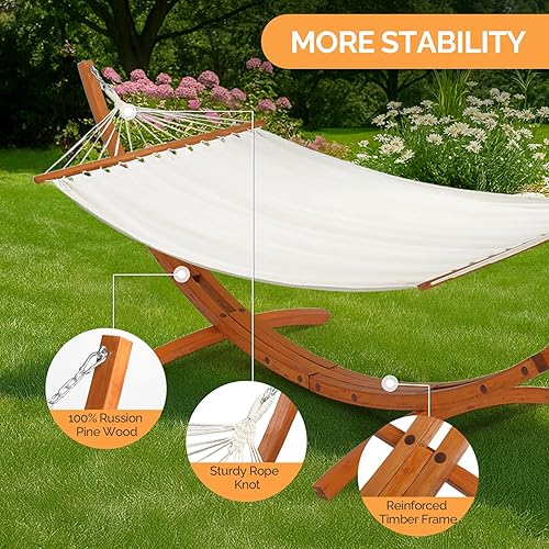 Miniatura 4 de ONCLOUD Juego de hamaca doble premium con soporte curvado de madera dura, sistema de relajación al aire libre de 10.5 pies (capacidad de 400 libras)