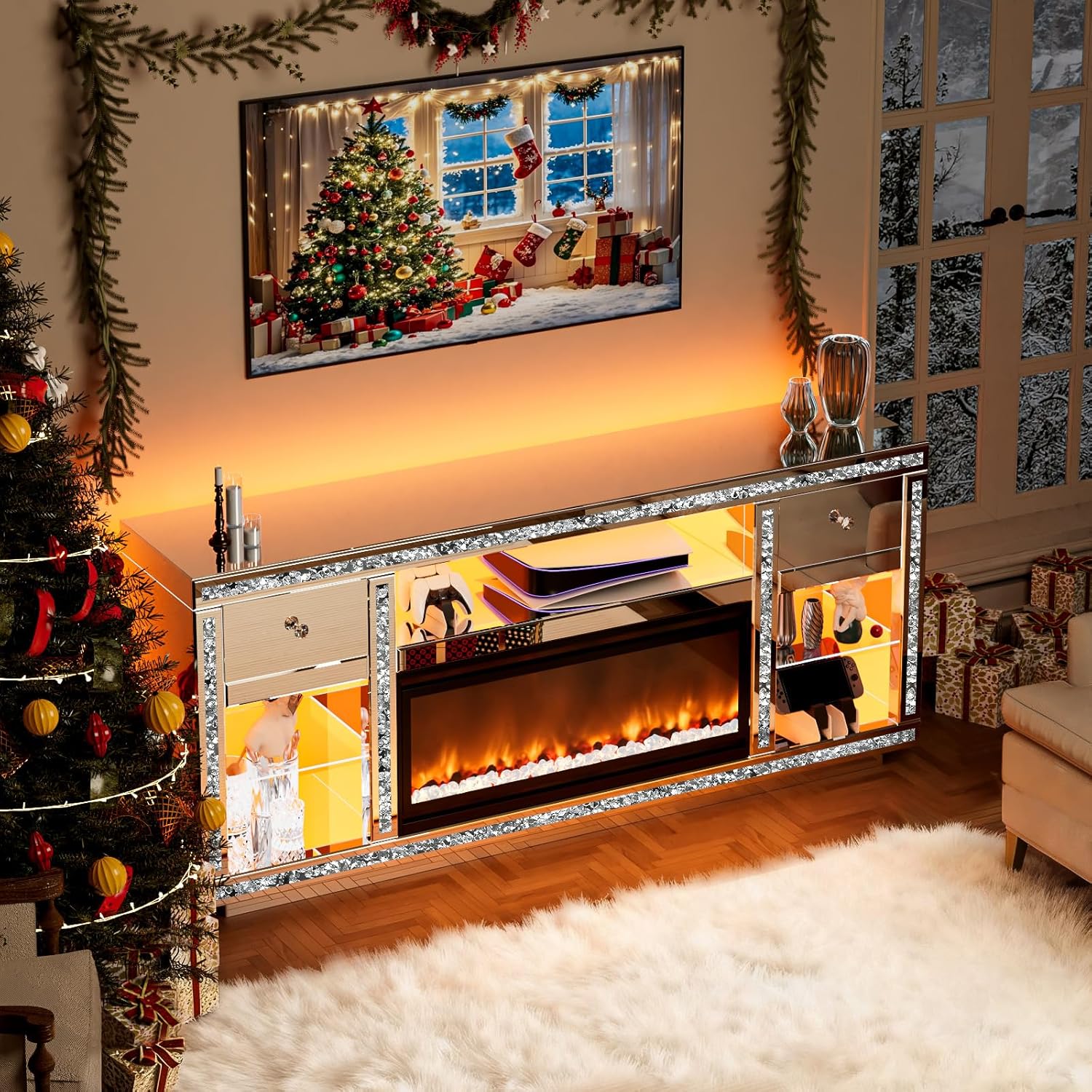 Mirrored TV Stand with Fireplace for 70 Inch TVs, Silver Fireplace TV Stand with LED, Electric Fireplace Modern Media Console with Drawers for Living Room, Bedroom