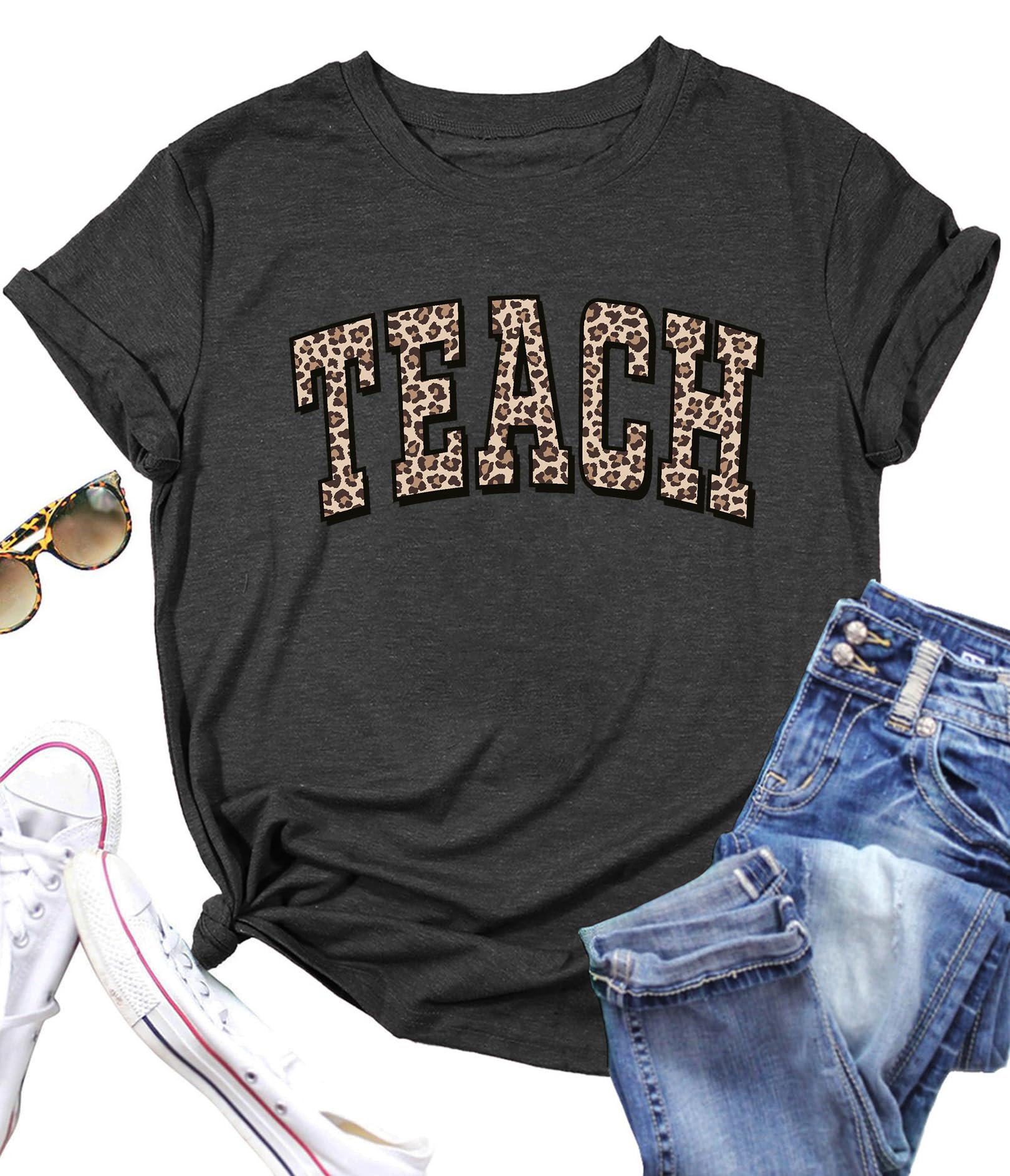 PECHAR Teacher Shirts Women Funny Teach Printed Graphic Tshirt Short Sleeve T-Shirt Blouse Teacher Gifts Tops Tee