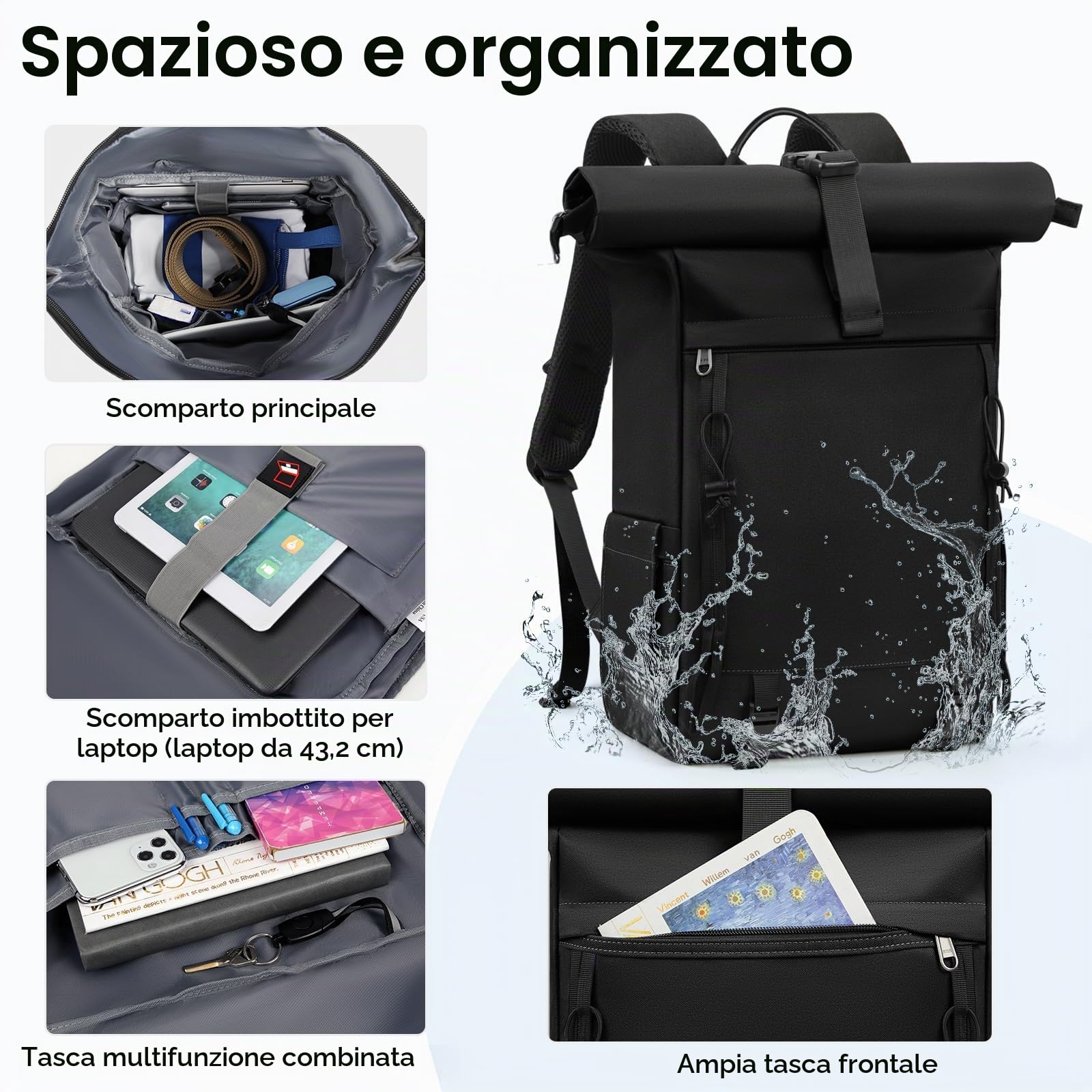 RAINSMORE Zaino Uomo Donna Porta PC 17 Pollici Impermeabile Zaino Viaggio | Zaino Trekking con Foro USB per Lavoro Alpinismo Trekking Campeggio Nero