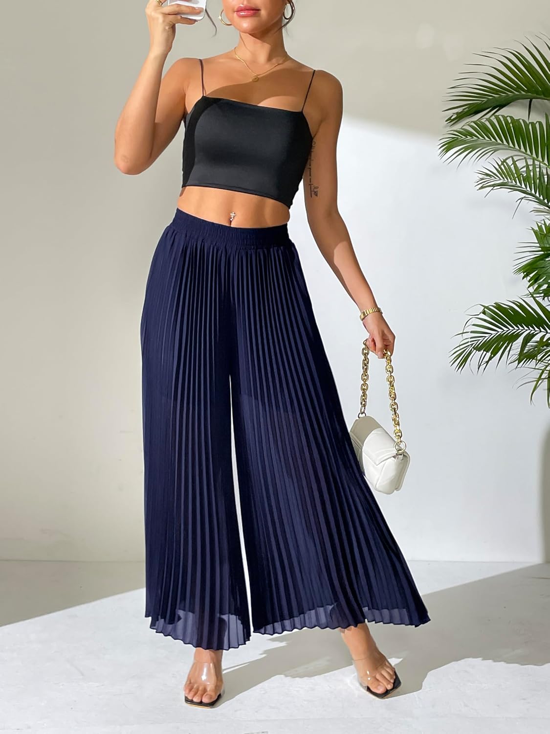 heipeiwa Women's Chiffon Pleated Wide Leg Palazzo Pants Crop Capris Culotte Dressy Casual Pants - Image 2