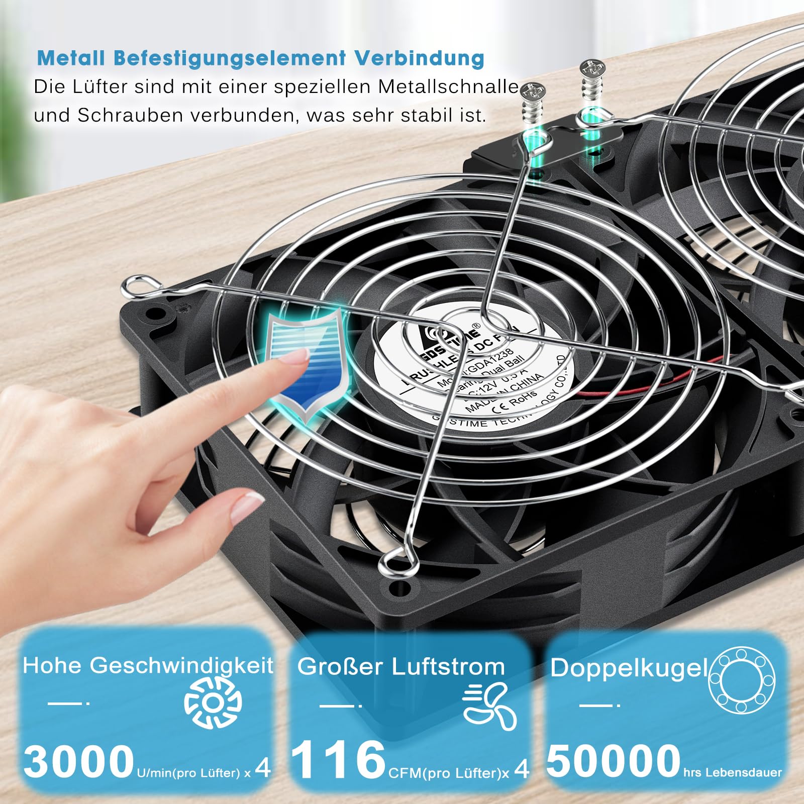GDSTIME Lot de 4 ventilateurs de 120 mm - 230 V - Grand flux d'air - 120 mm x 38 mm - 220 V CA axial - Avec prise CA 4 V - 12 V - Vitesse réglable pour armoire de serveur et garage