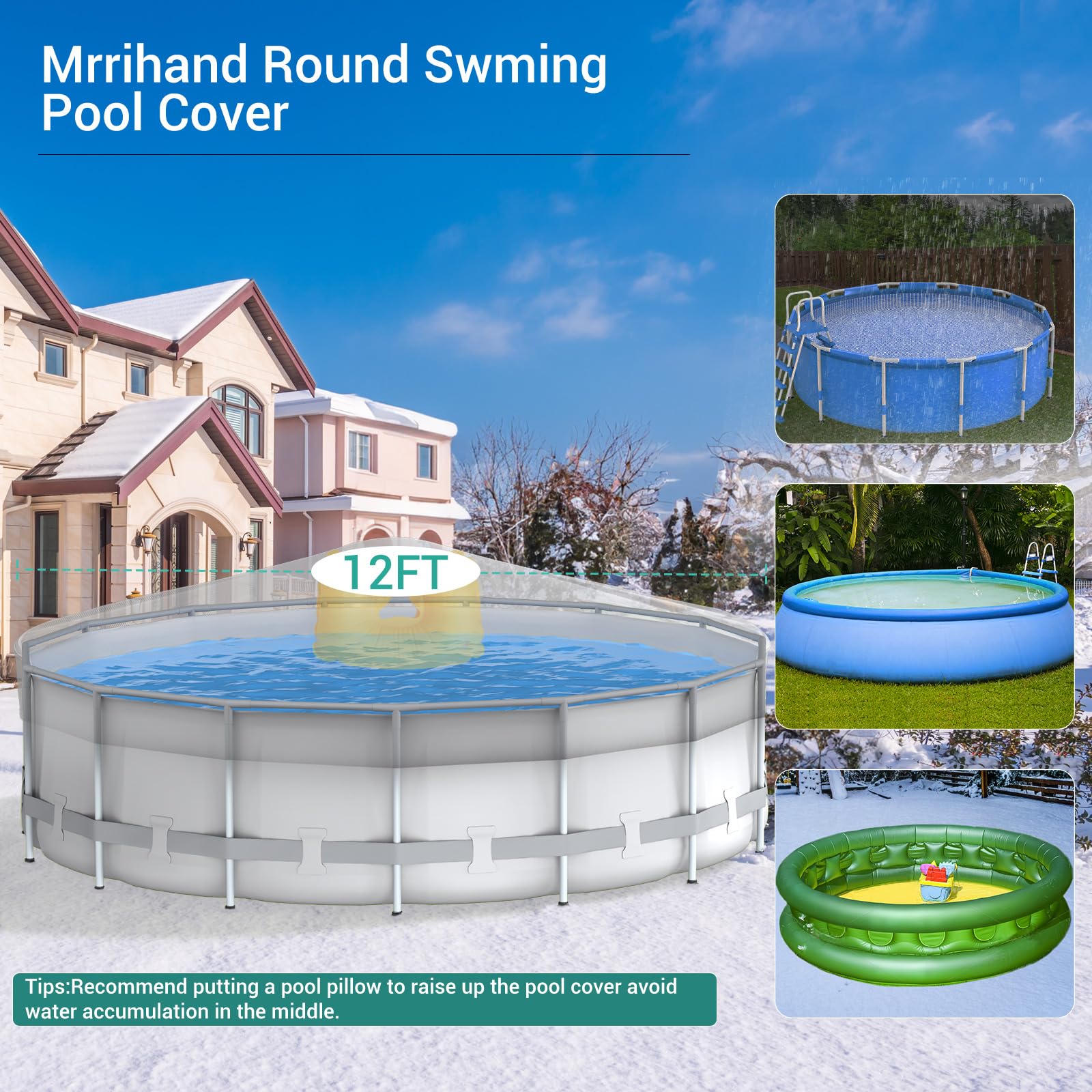 Mrrihand Round Pool Cover, 12Ft Winter Pool Cover for Above Ground Pools, Hot Tub Cover with Upgrade Buckle, Rope, and Ground Nails to Enhance Stability, Waterproof and Dustproof - Black