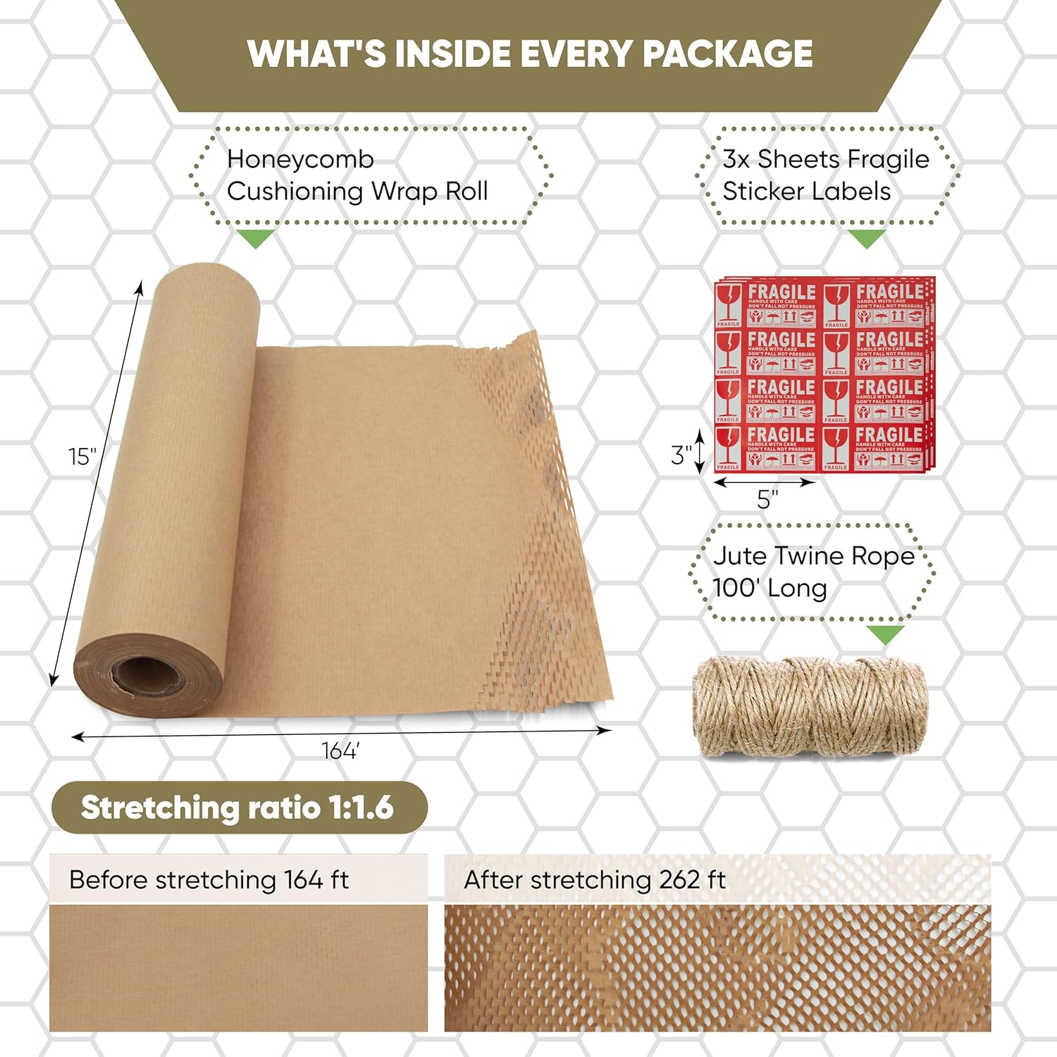 15”x164’ Honeycomb Packing Paper Moving Supplies with Fragile Stickers & Jute Twine. Eco Friendly Bubble Cushioning Wrap Packing Material. Biodegradable Shipping Supplies.