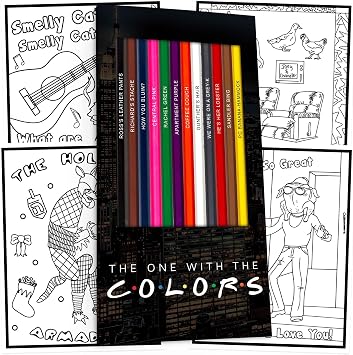 Friends TV Show-Inspired Colored Pencil Set - Unique Gift for Friends Fans, 12 Foil-Stamped Premium Pencils + 5 Exclusive Coloring Pages for Adults, Display Box Included, TV Show Merchandise