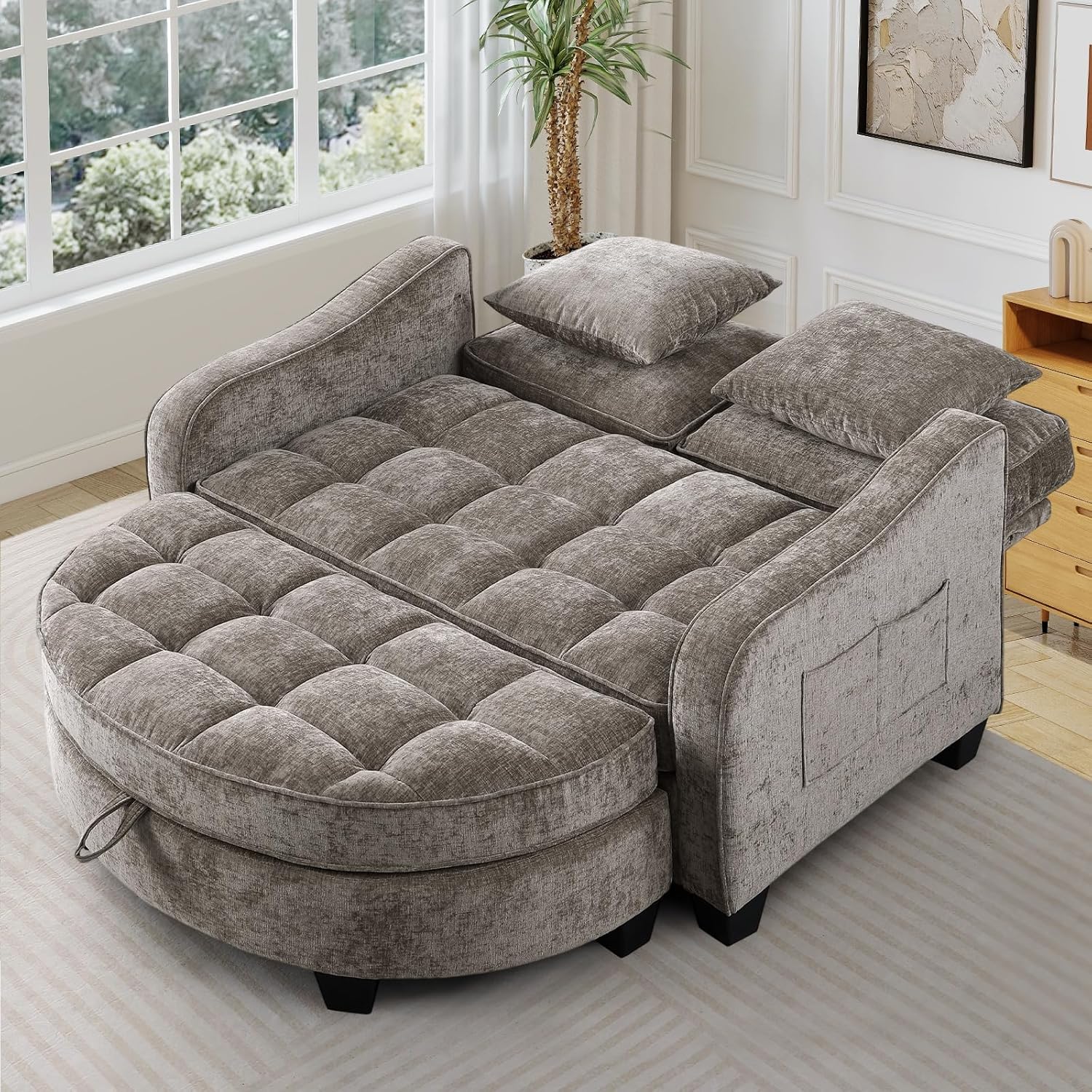 Oversized Chair and A Half, Chenille Tufting Accent Cozy Reading Sofa Chair with Storage Ottoman, Upholstered Loveseat Chaise Lounge Sofa with Adjustable Back for Living Room, Office, Sunroom, Brown