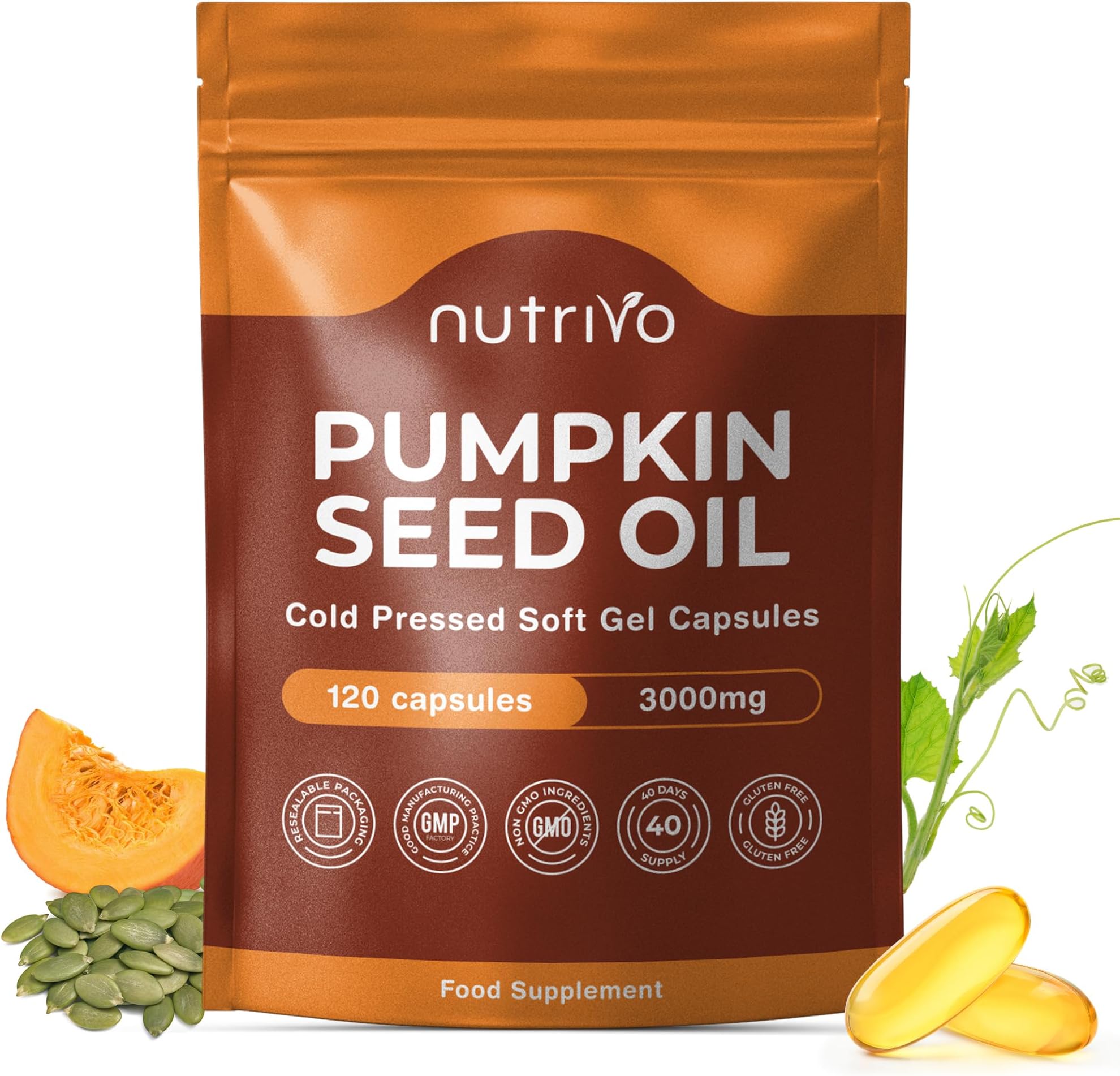 Pumpkin Seed Oil Capsules 3000mg (per 3 Soft Gel Serving) | 120 Capsules | Cold Pressed | Pumpkin Seed Oil for Hair, Prostate and Bladder | UK Made