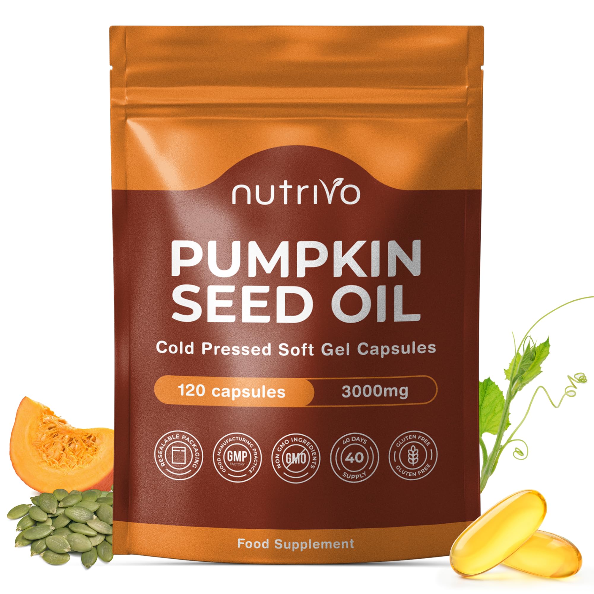 Pumpkin Seed Oil Capsules 3000mg (per 3 Soft Gel Serving) | 120 Capsules | Cold Pressed | Pumpkin Seed Oil for Hair, Prostate and Bladder | UK Made