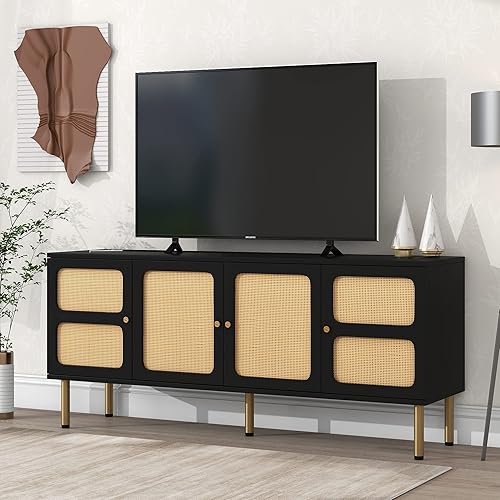 Merax Soporte de TV bohemio con puerta de ratán, mesa de consola multimedia tejida para televisión de hasta 70 pulgadas, tablero lateral de diseño