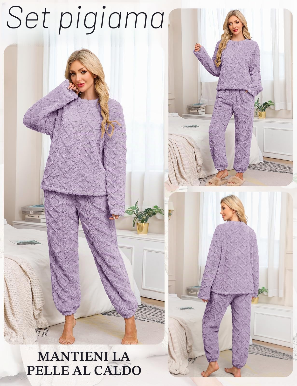 UMIPUBO Pigiama Donna Invernale Set Caldo Pile Pigiami Due Pezzi Morbido Manica Lunga Pantalone Lungo Abbigliamento da Casa Indumenti da Notte Lounge Sleepwear con Due Tasche