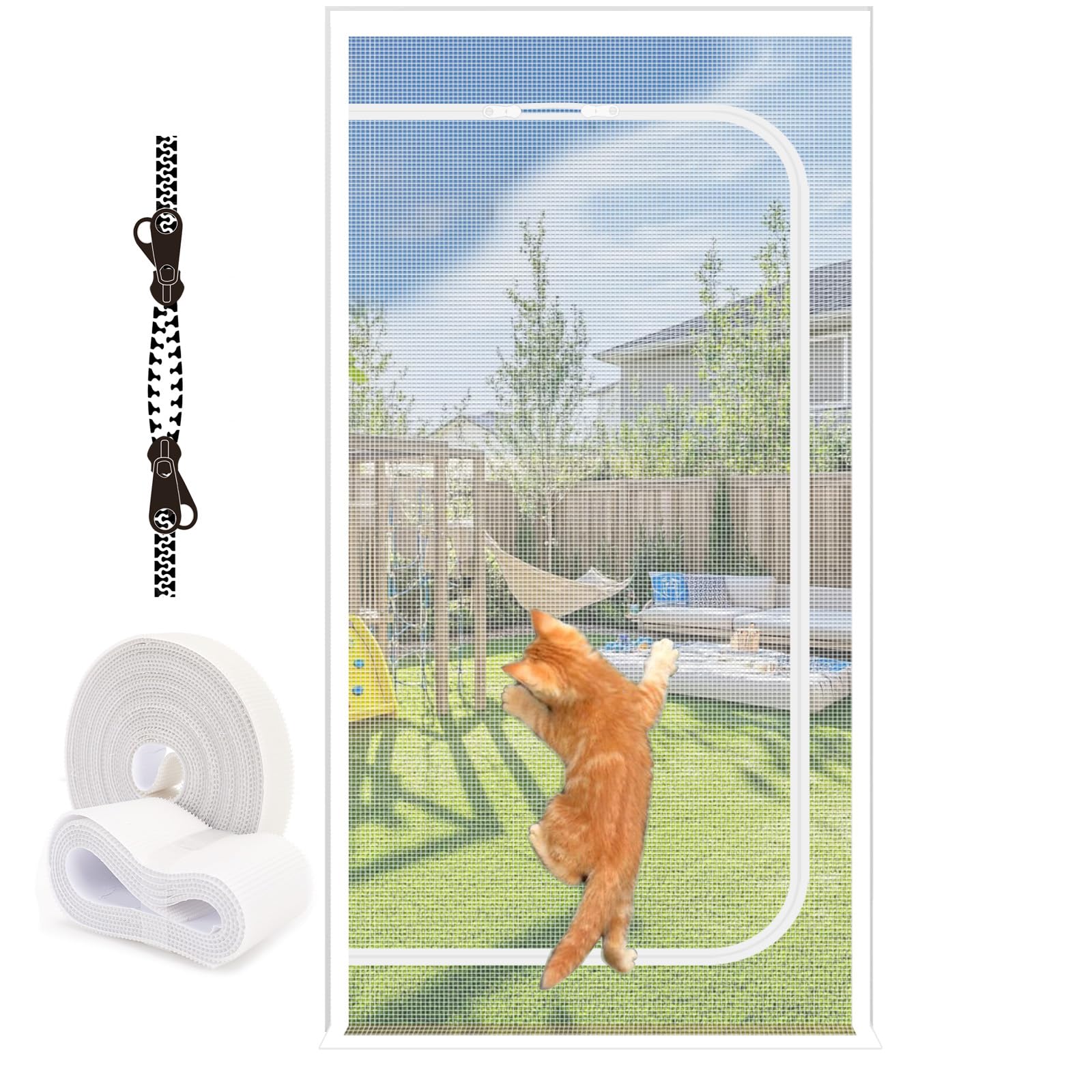 MAGICDOOR Mosquitera Puerta para Gatos Reversible 105x180cm, Blanco | Malla Resistente, Evita Que los Gatos Perros se Escapen de casa, con Cremallera Bilateral, Cinta 4cm en Parte Superior