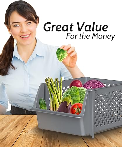 Miniatura 4 de Skywin Contenedores de almacenamiento apilables de plástico para despensa, paquete de 12 cubos apilables grises para organizar alimentos, cocina y